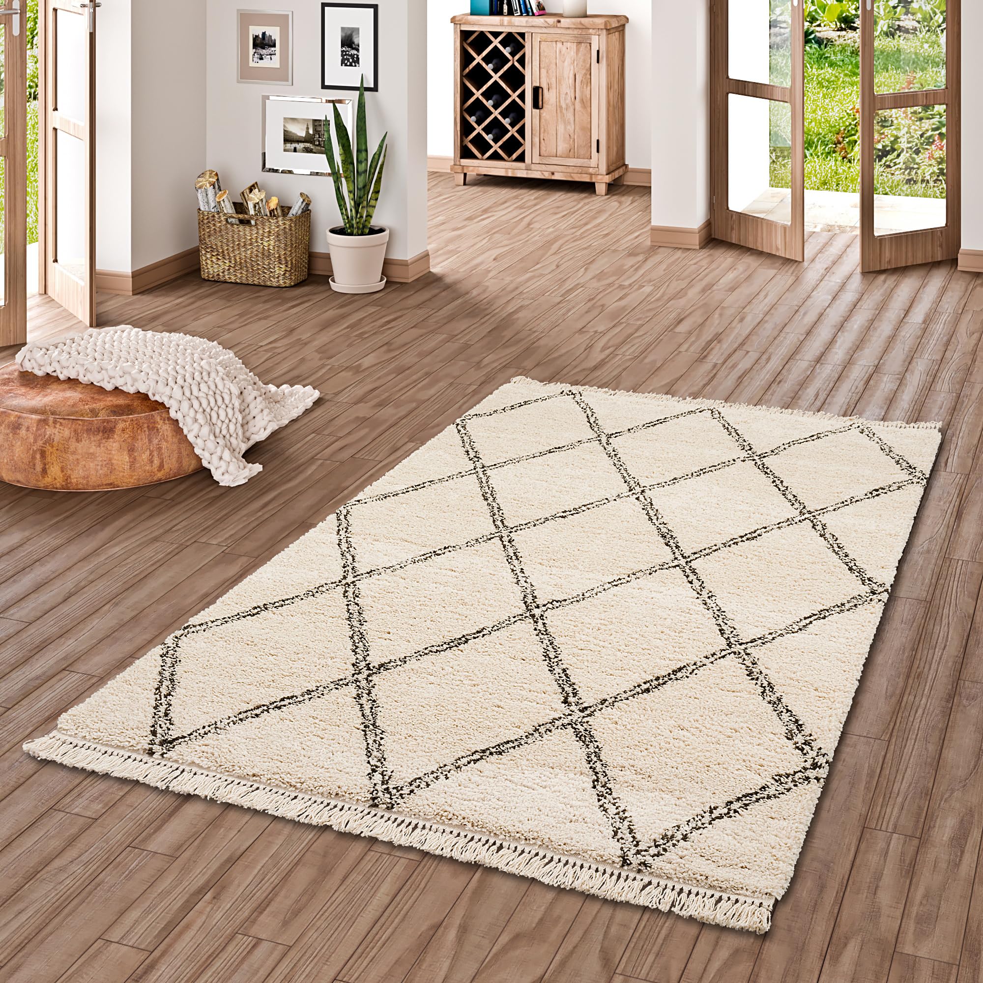 Pergamon Boho - Tapis Shaggy à Poils Longs - Motif Diamant créme - 5 Tailles Disponibles