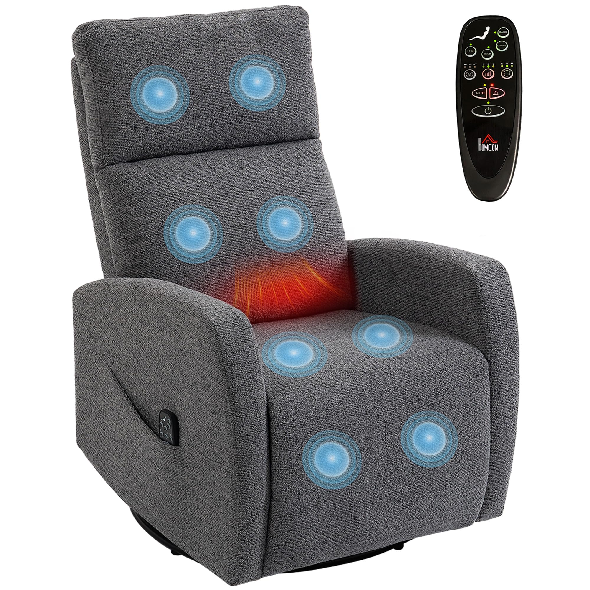 HOMCOM Relaxsessel Fernsehsessel Wärme und Vibrationsmassage Dunkelgrau | Drehbarer Massagesessel, Liegefunktion, Wippfunktion, Seitentasche, TV-Sessel mit Chenille-Optik, für Wohnzimmer