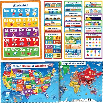 Momo & Nashi 22pc Set of Classroom Educational Posters, US Map Poster & World Map Poster