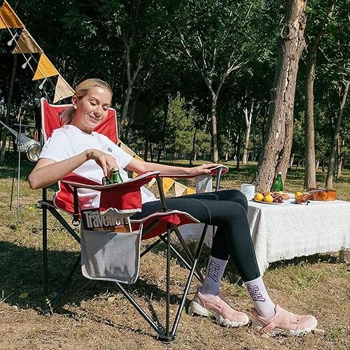 Miniatura 30 de KingCamp silla plegable de gran tamaño para campamento con soporte lumbar, silla ergonómica acolchada con reposabrazos, alta resistencia, con bolsa