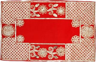 Decorative Mat Aasan Velvet Pooja Cloth (Size:-18 Inches X 11 Inches) Multipurpose Indian Traditional Cultural Festival Pooja New Year Decoration Item & Pooja Article Laxmi Sequence Work(Red)