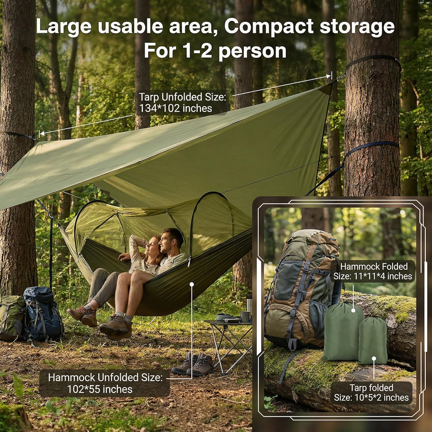 Camping Hammock with Net & Sunshade Tarp,2 Person Portable Hammocks for Outside,661lbs Max Load for Outdoor Camping Hiking Beach Park