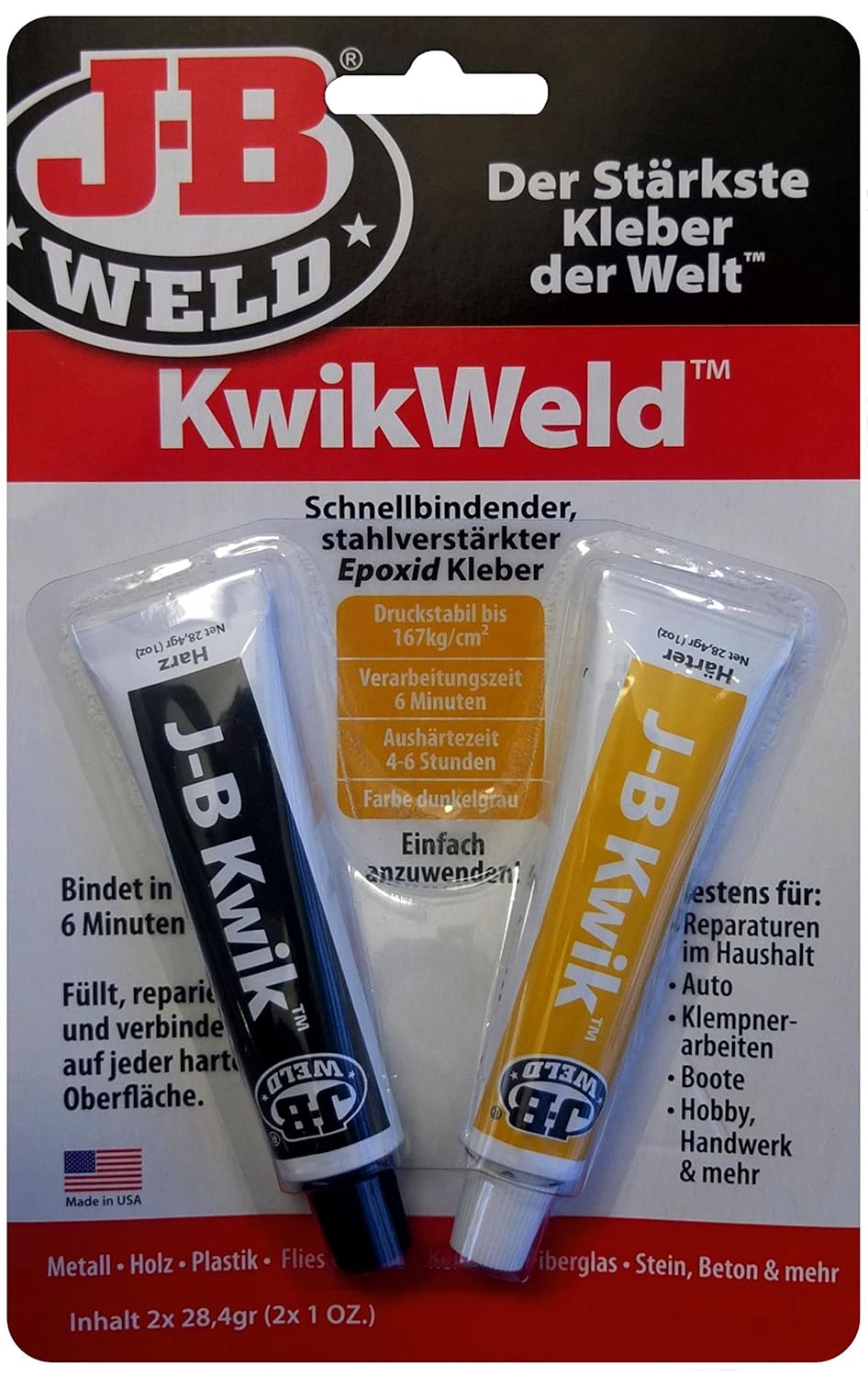 JB Weld 8276-DEU KwikWeld Quick Binding Steel Reinforced 2-Component Epoxy Adhesive, Binds in 6 Minutes