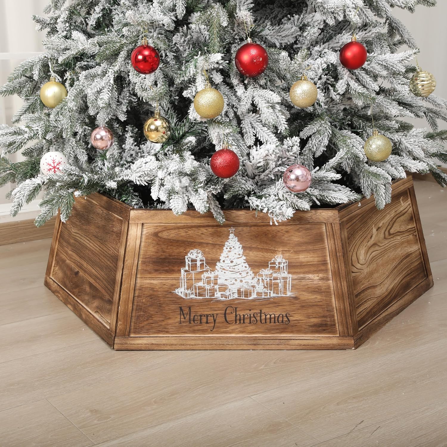 40" Wood Christmas Tree Collar, XL Hexagon Xmas Bottom Cover, Rustic Vintage Skirt for 7.5-11 ft Christmas Tree, Wooden Xmas Oversized Holiday Decor for Home Festive Party(Brown,Cute) Brown Cute