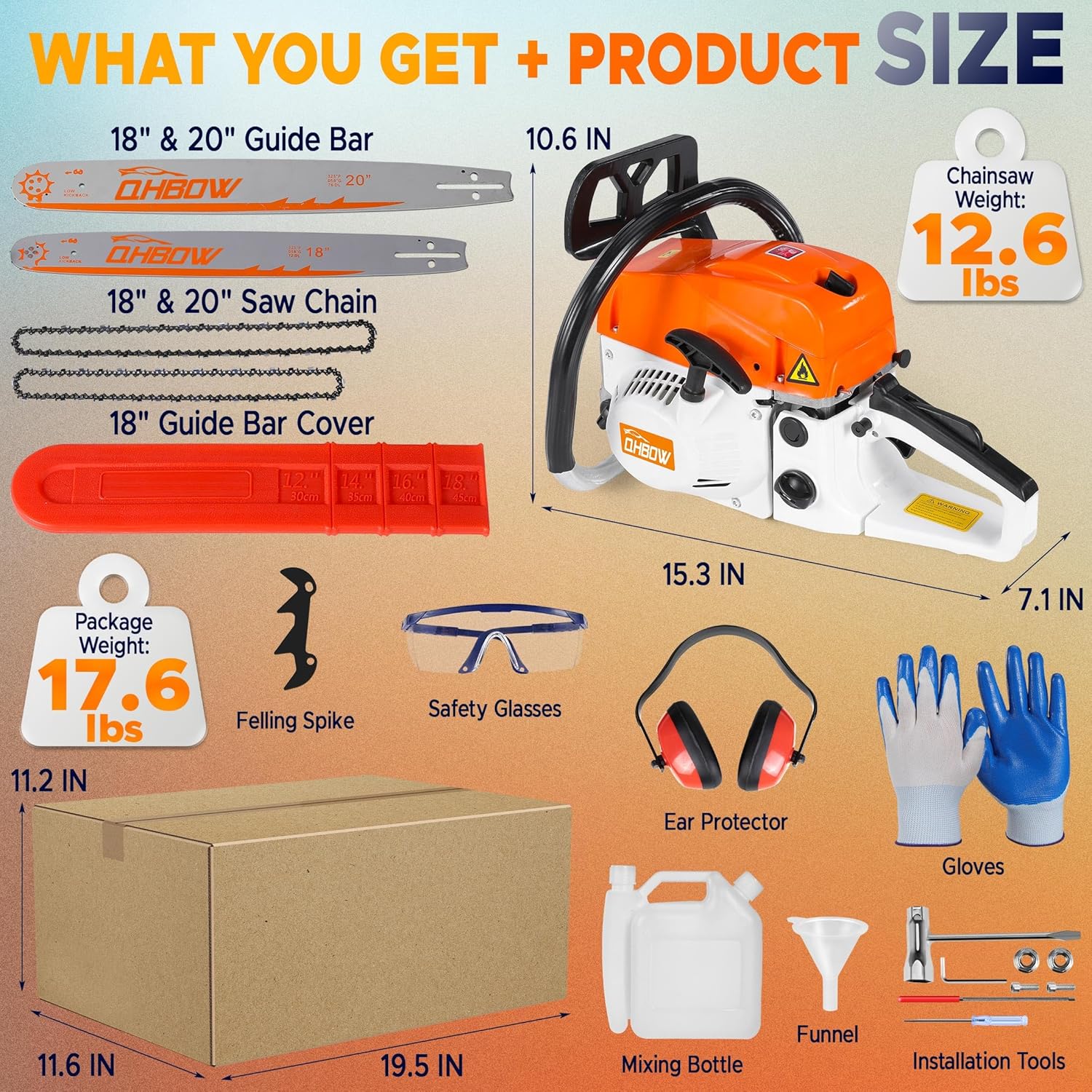 58 cc 2-Cycle Gas Chain Saw, 20 in & 18 in Gas Powered Chainsaw, Handheld Powerful Gasoline Chain Saw, Quick-Start System, Professional & DIY for Cutting Wood Tree Trimming