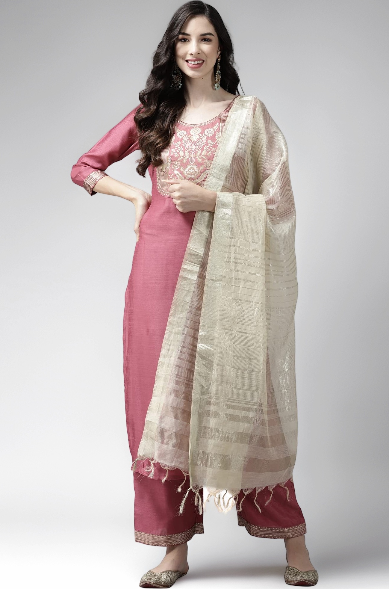 INDO ERA Women's Cotton Yoke Design Straight Kurta Pant with Dupatta Set