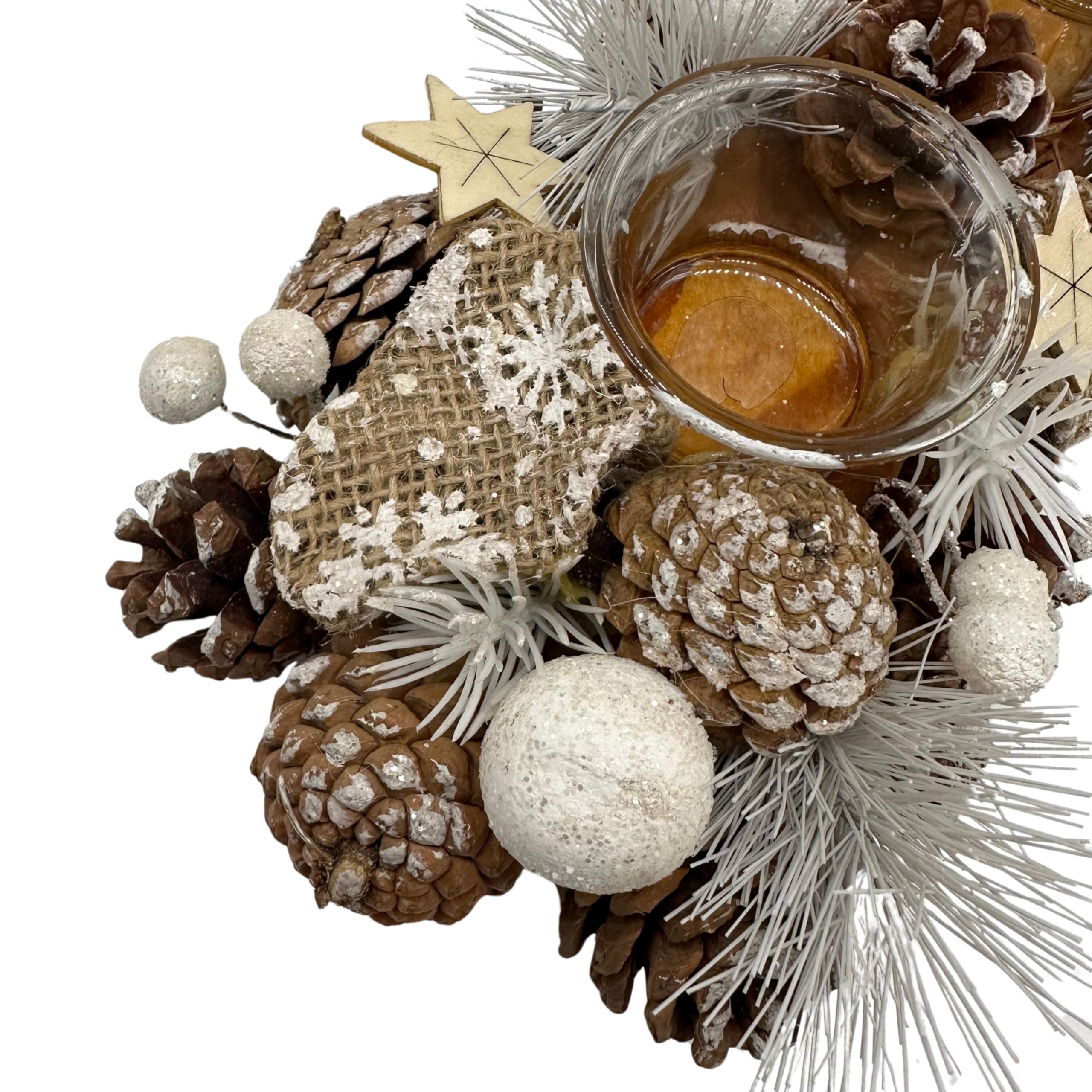 Gruppo Maruccia - Centrotavola Natalizio Artigianale in Legno con Pigne e Vasi Porta Candela - Decorazione Natalizia per la casa - Idea Regalo