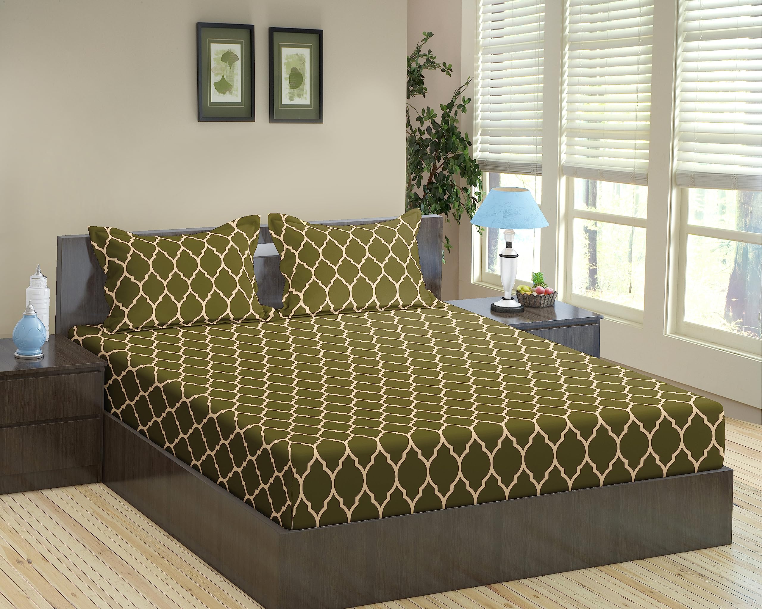Trance Home Linen 200TC 100% Cotton 84"x78" Elastic Fitted Bedsheet Super King Bed Size | Printed Fitted Sheet | Elasticated Fitted Bedspread with 2 Pillow Covers (84x78 inch, Dori Forest Green) (B09CGXP6CN) Amazon Price History, Amazon Price Tracker