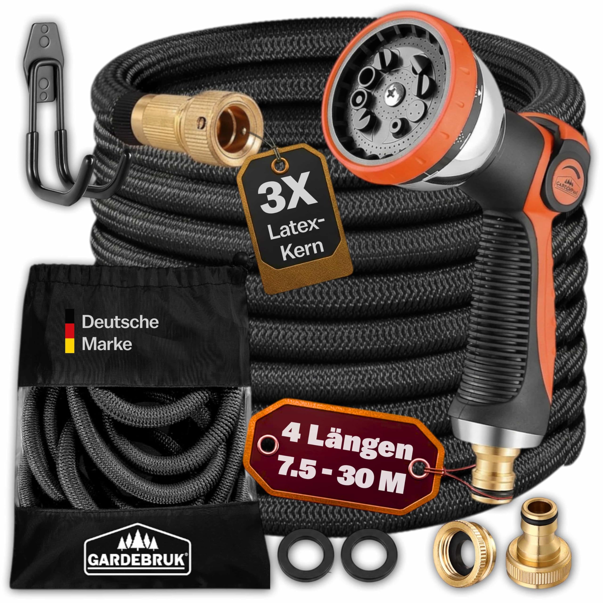 GARDEBRUK® Flexibler Gartenschlauch 22m 3fach Latexkern Vollmessing Adapter 1/2' 3/4' Zoll Wandhalterung Tasche Flexschlauch Wasserschlauch Schwarz