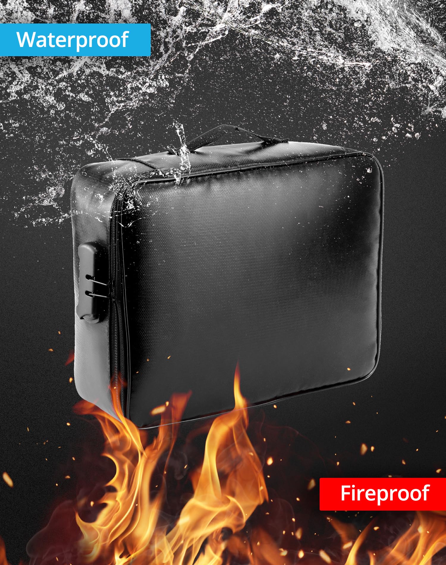 QWORK® Borsa portadocumenti ignifuga, organizer per documenti importanti, scatola portadocumenti con serratura, impermeabile, per documenti di valore, nera