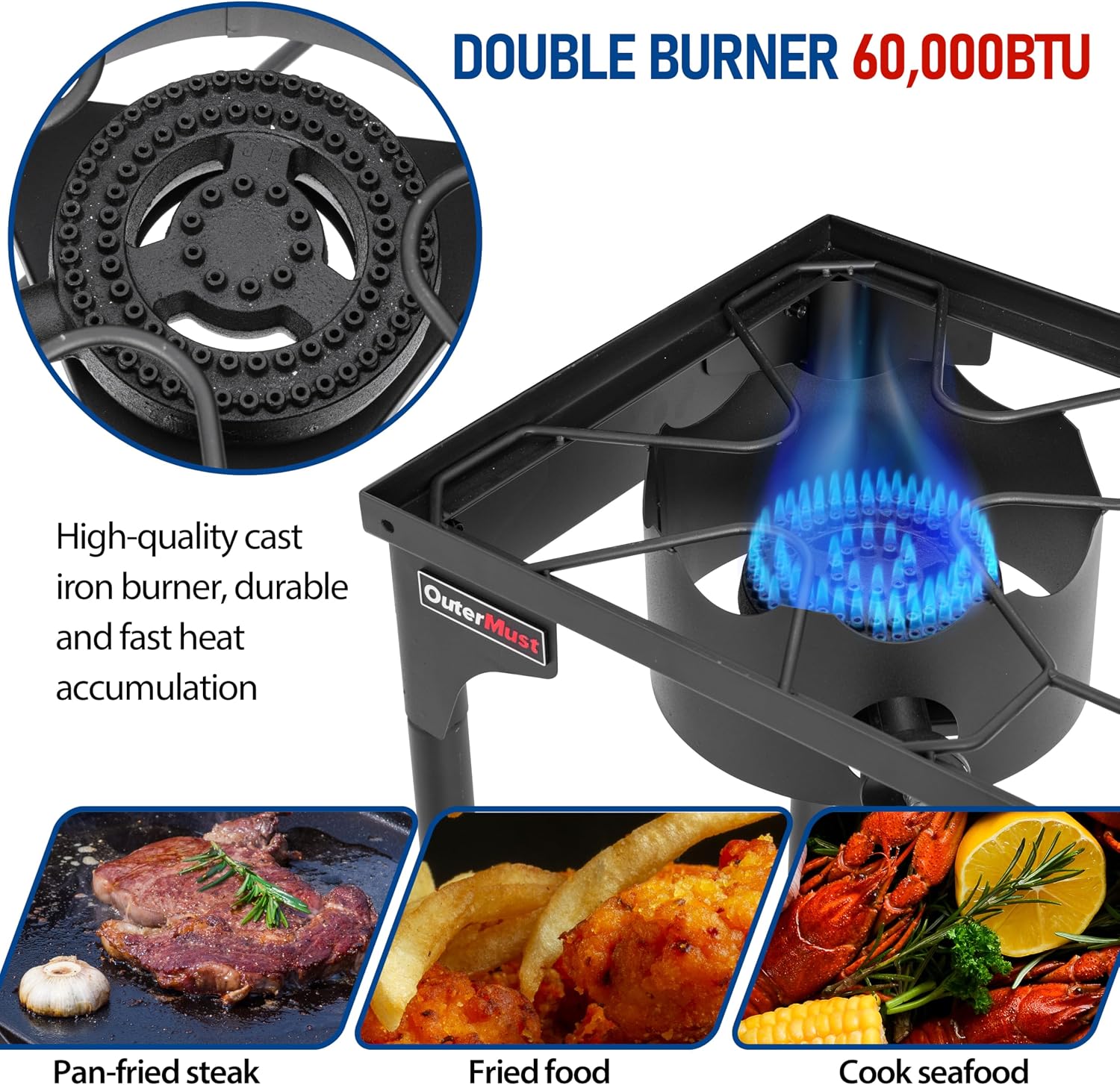 OuterMust 2 Burner Propane Gas Stove with 0-3 PSI Adjustable Regulator and Removable Legs Gas Burners for Cooking Perfect for Home Brewing, Seafood Boil and Camping