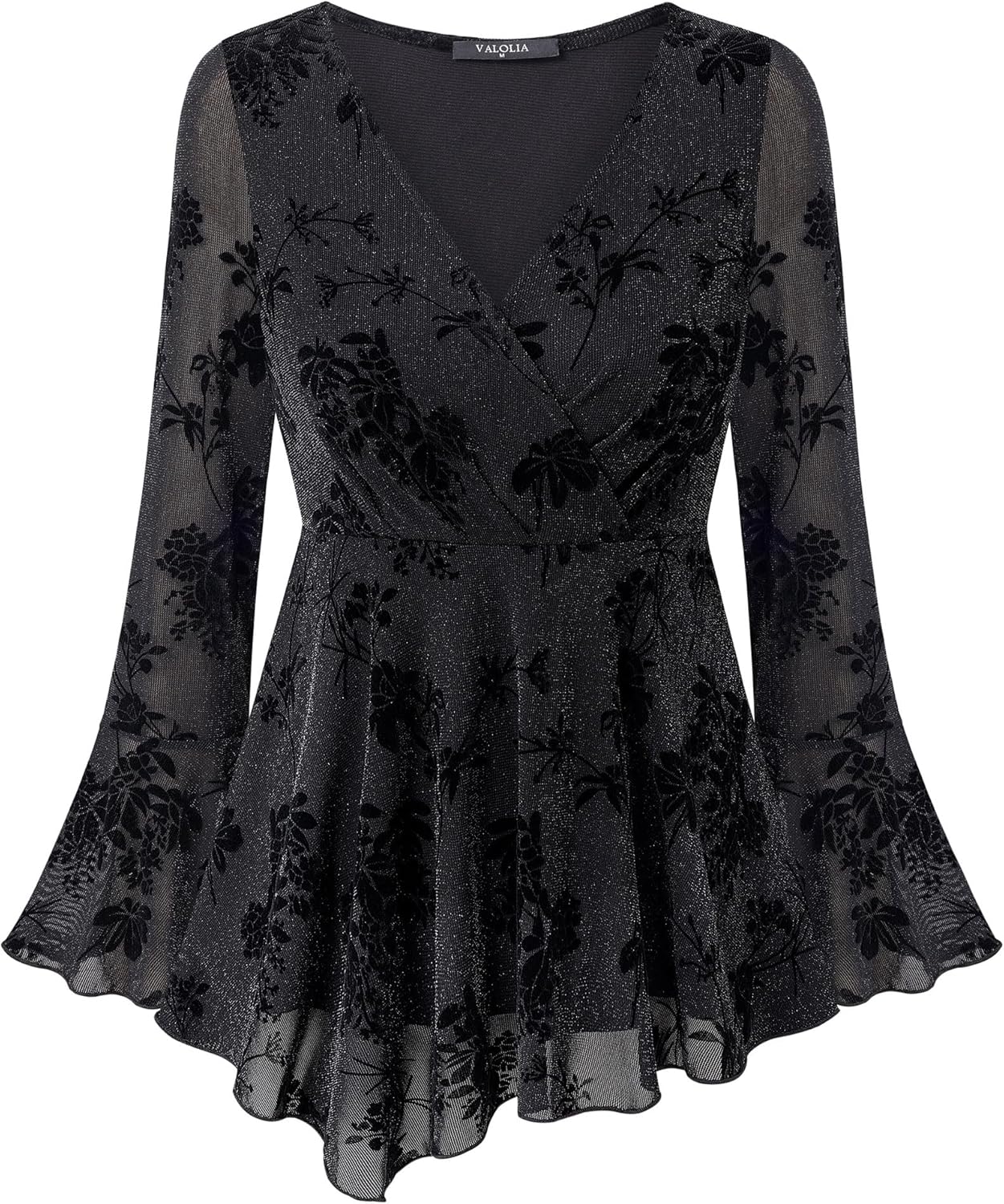 VALOLIA Women Long Sleeve Sparkly Tops V Neck Blouses Dressy Elegant Party Wrap Top