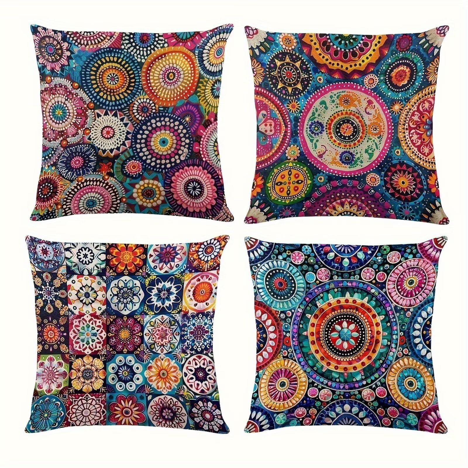 QiHon Cushion Covers 60x60 cm Set of 4 Tartan Mandala Linen Square Pillow Cases 24x24 inch Modern Decorative Throw Pillow Covers for Sofa Couch Bedroom Home Office with Invisible Zipper