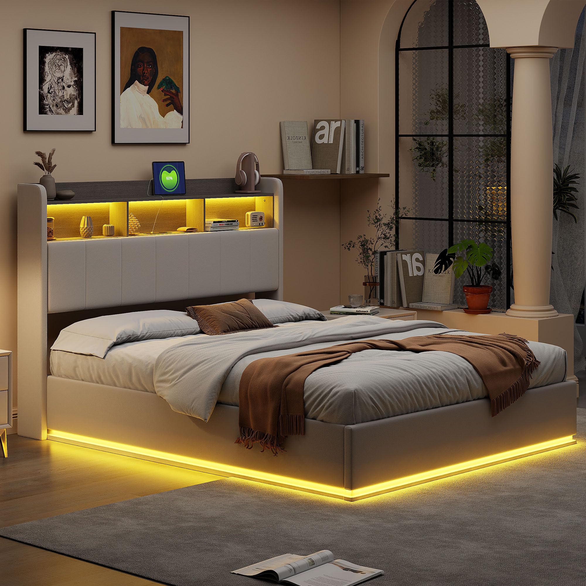 Letto matrimoniale 140 x 190 con illuminazione a LED e ricarica USB, letto idraulico con testiera con vano portaoggetti, letti imbottiti 140 x 190 cm con rete a doghe, velluto(bianco), 140 x 190)