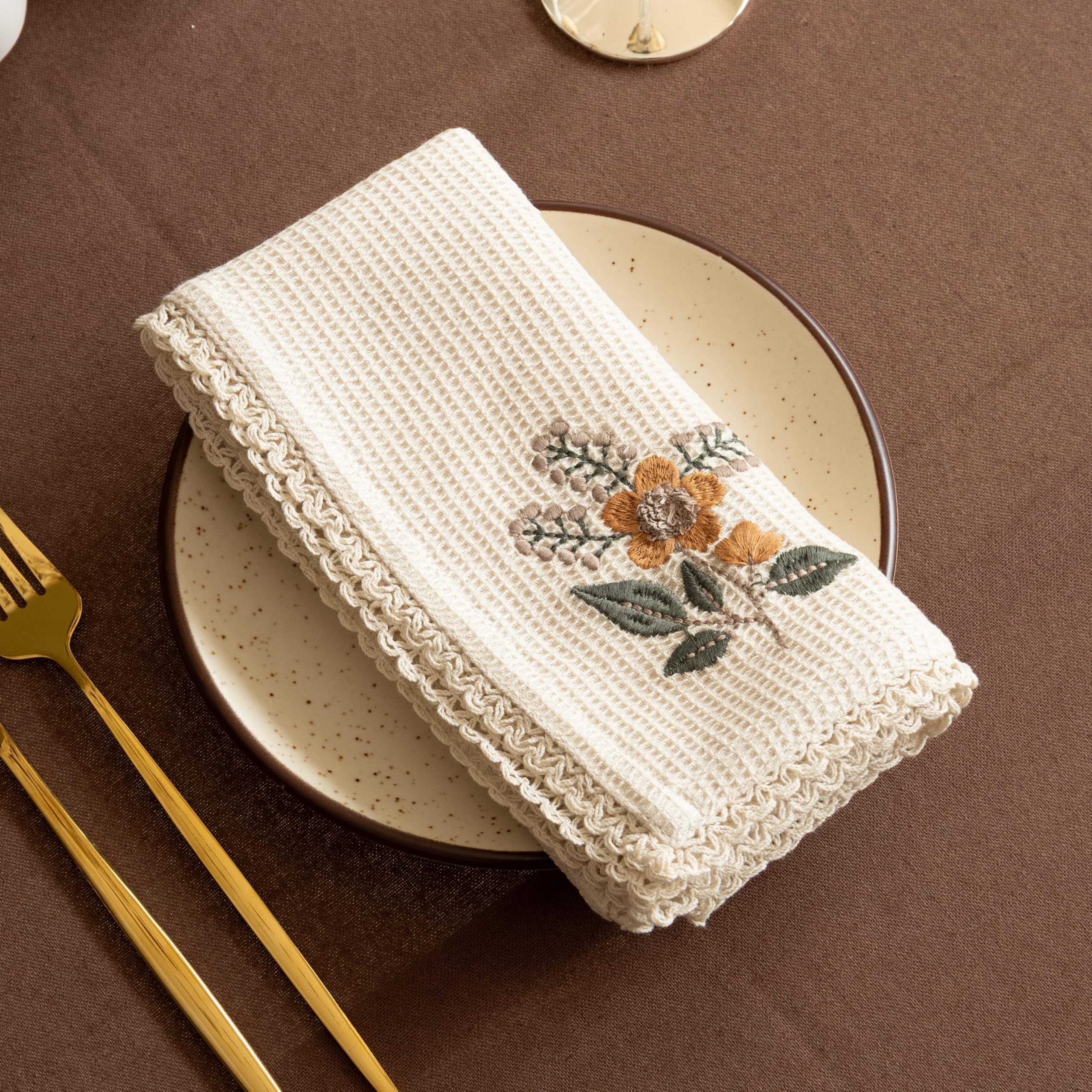 R home Honeycomb Sunflower Embroidered Cotton Napkins with Lace, Set of 6, 16x16 Inch, Reusable Machine Washable Dinner Napkins for Dining Table, Lunch, Parties, Restaurants, Cafes & Home Decor-picture-16