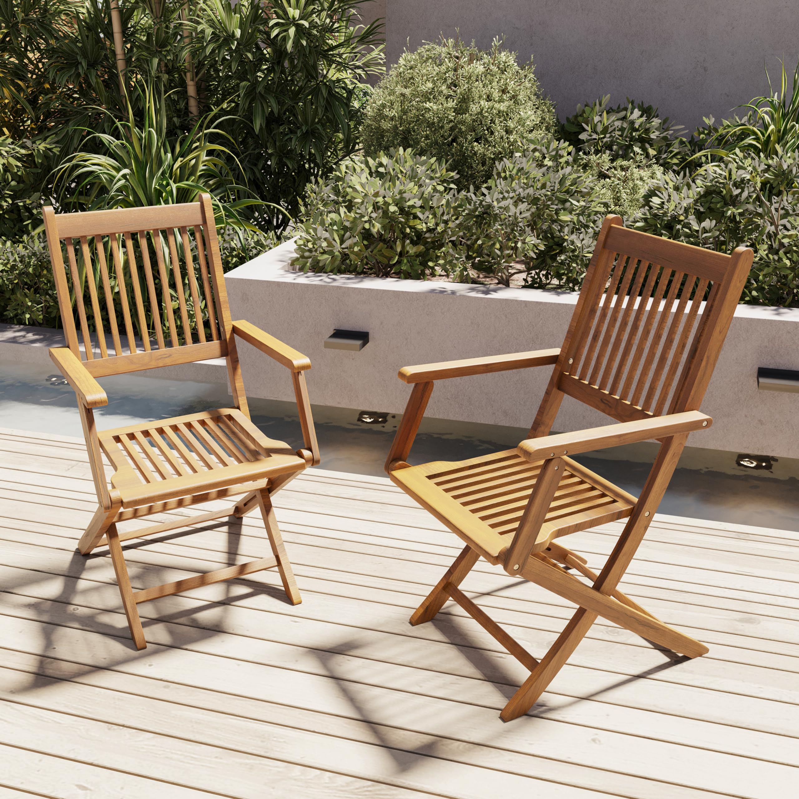 Set di 4 Sedie Da Giardino Pieghevoli Con Braccioli Seduta e Schienale Alto Con Doghe In Legno Massiccio Naturale Di Acacia 91 x 58 x 52 cm Per Giardino Esterno Piscina Patio Terrazzo Balcone