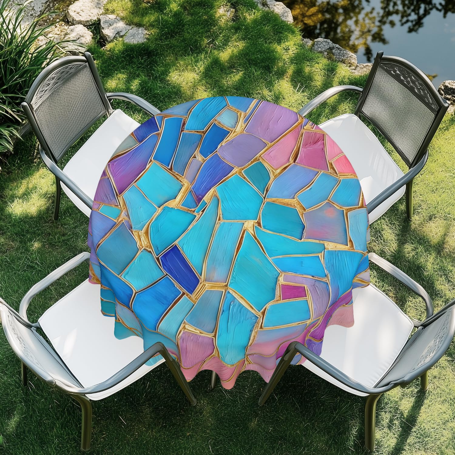 ARTSGOO Colorful patchwork Round Tablecloth 60 Inch Durable Wipe-Clean Waterproof Table Cloth for Dining Table, Kitchen, Party, Wedding & Outdoor Use - Colorful patchwork