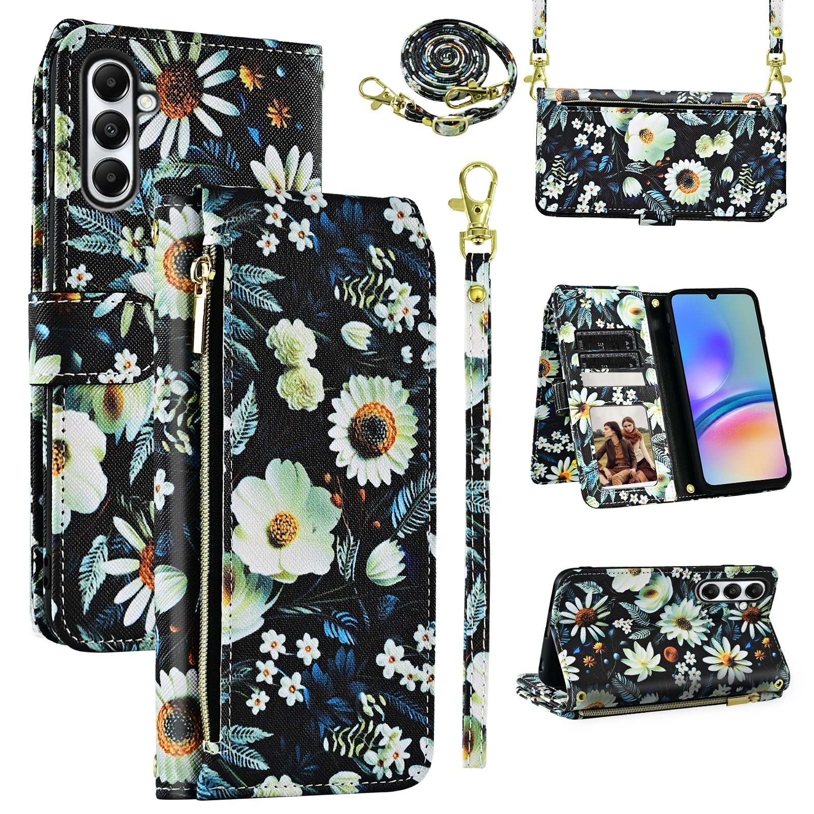 Dswteny Floral Wallet Case for Samsung Galaxy A15 5G/4G Women Men Black | Wrist Strap Shoulder Strap, 9+ Card Slots, Zipper PU Leather Flip Purse,