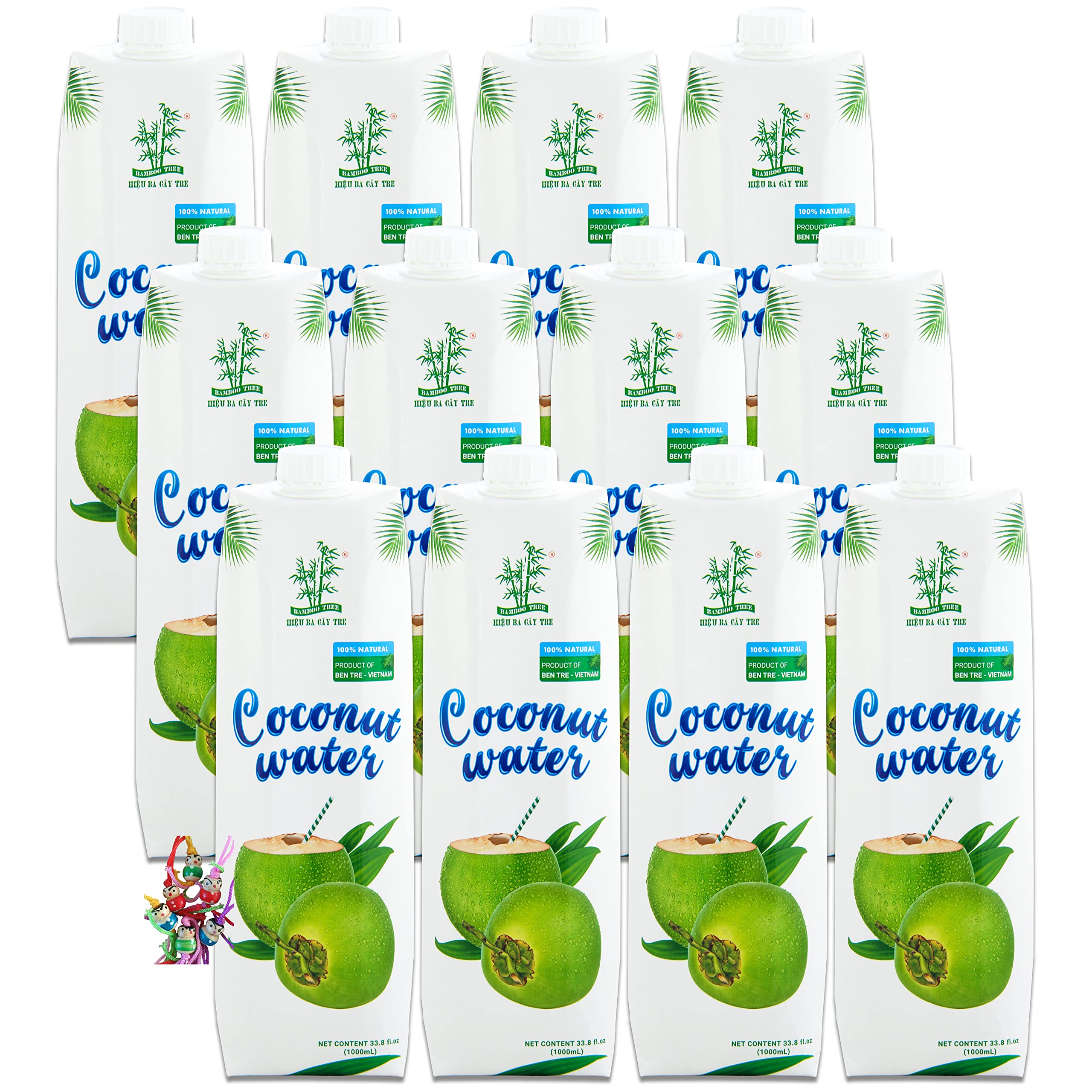 yoaxia ® - Lot de 12 - [ 12 x 1 l ] Eau de noix de coco 1 litre | 100 % naturelle | Eau de noix de coco + un petit bol porte-bonheur - Poupée en bois