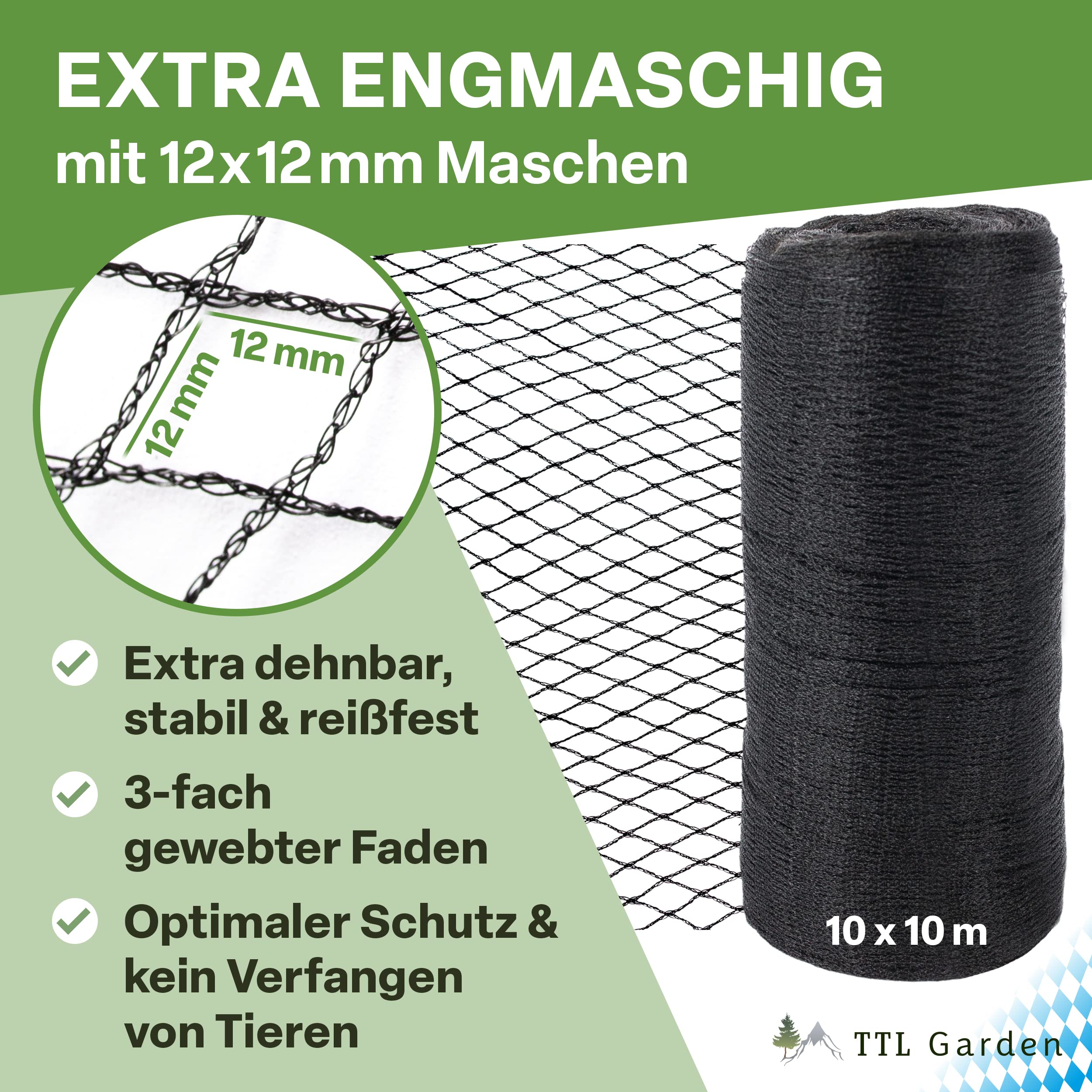 TTL GARDEN Red para estanque de 10 x 10 m, color negro, 30 g/m² – 12 x 12 mm, malla estrecha, HDPE, red para piscina o jardín, red antipájaros, resistente a la rotura, elástica, resistente, con 14
