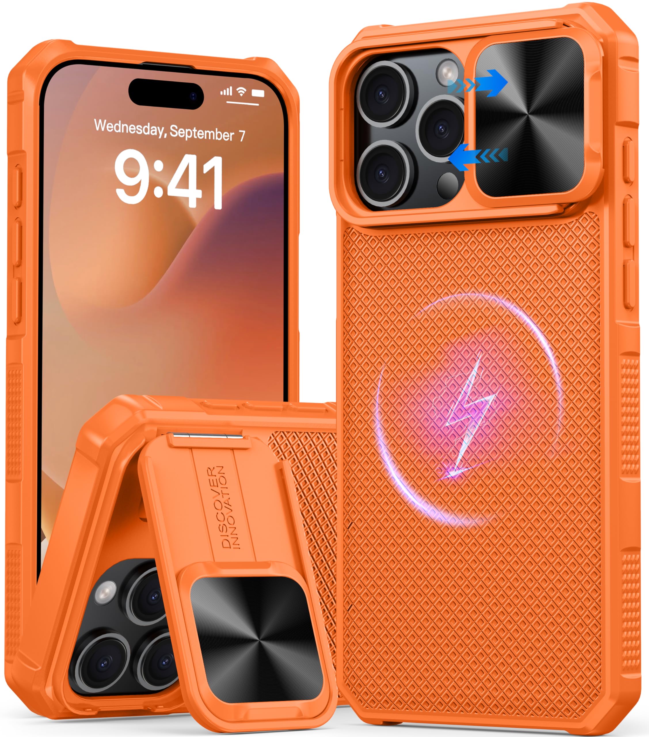 Magnetic for iPhone 16 Pro Case [Slide Camera Cover] [Compatible with Magsafe] [Kickstand] [Military Grade Protection] Shockproof Rugged Case for iPhone 16 Pro,Orange