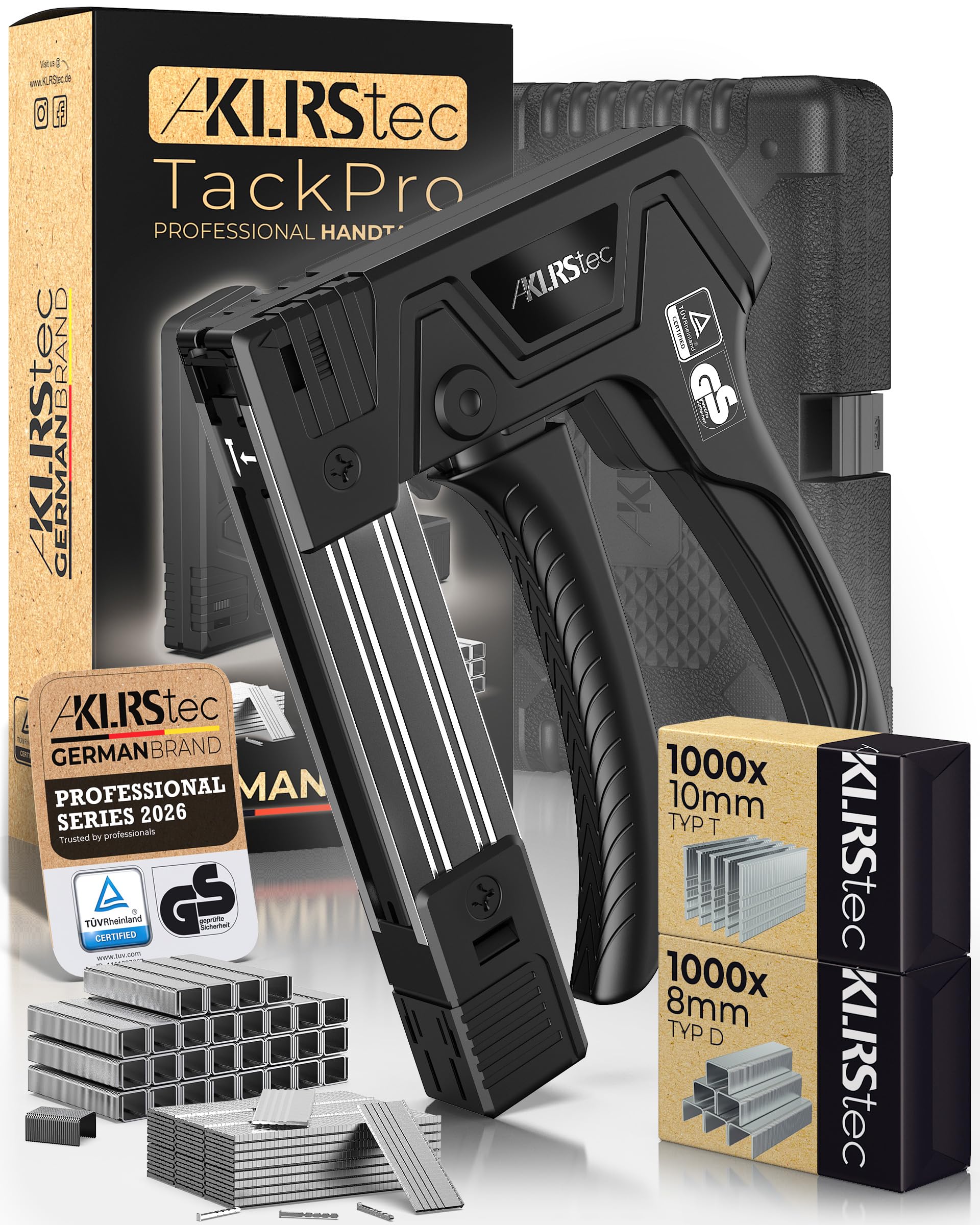 KLRStec TackPro Grapadora Manual – Pistola de Grapas con Gatillo por Tracción – Grapadora para Madera y Tapicería – Incluye 2000 Grapas Tipo D & T – Herramienta Ergonómica y Potente