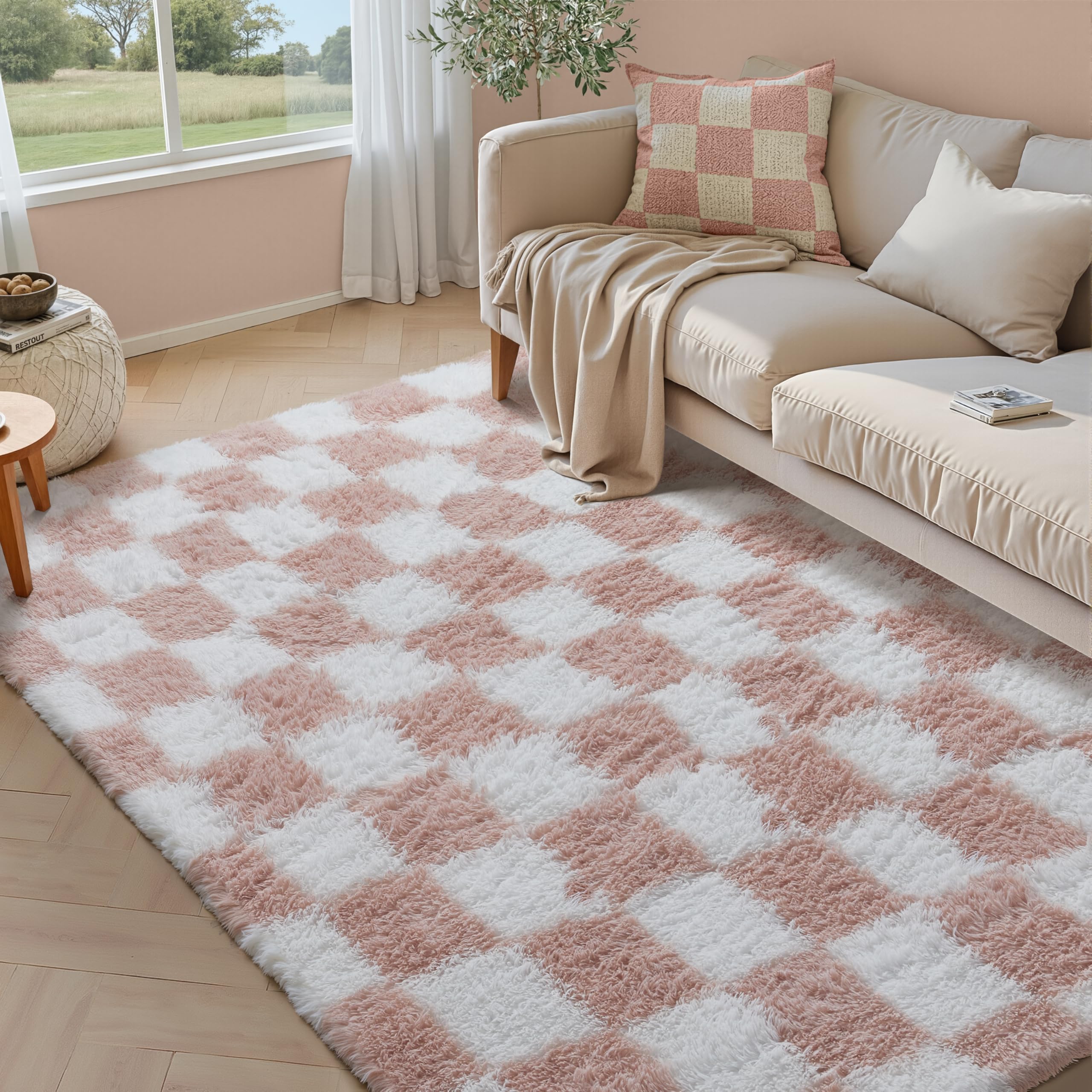 PureCozy Checkered Rug 5x7 for Living Room, Pink and White Modern Shag Rugs Super Soft Washable Indoor Office Fuzzy Carpet Non-Slip Fluffy Rugs for