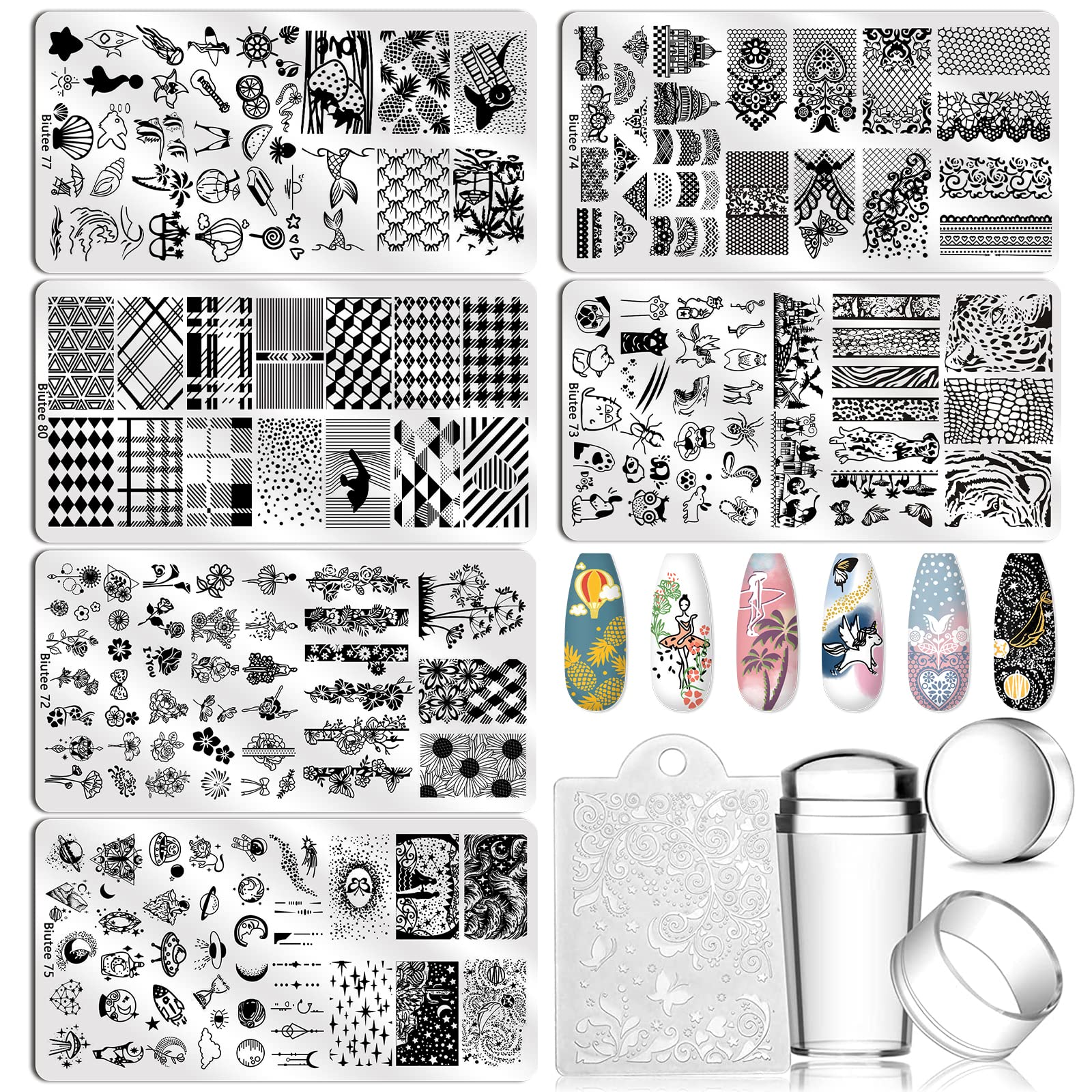Biutee Nail Stamping Set 12pcs Plantillas Estampacion Uñas 8 Colores 8ml Gel Polish con Tampón Rascador
