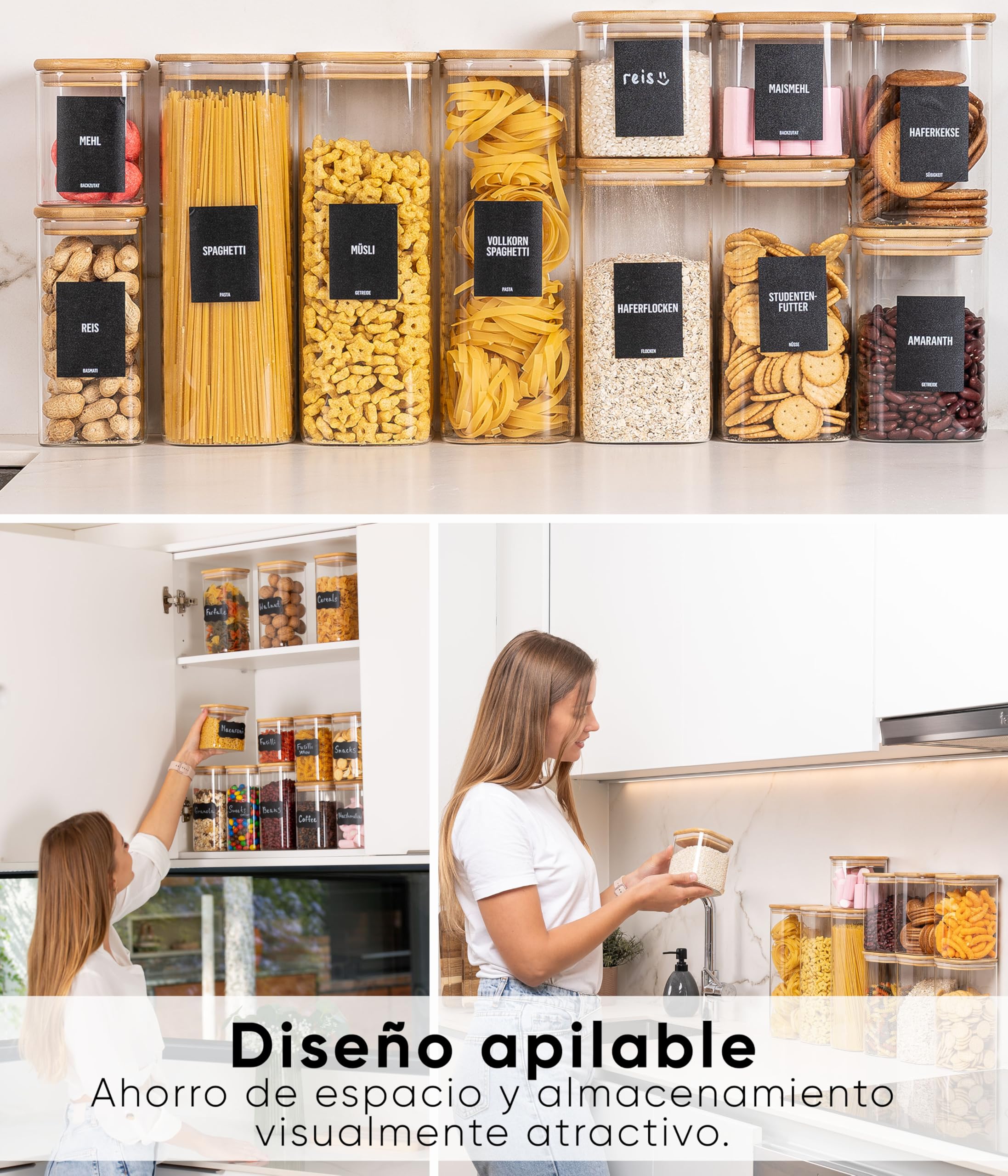 Deco haus® Tarros de Cristal con Tapa hermética, Juego de 8 [+ Etiquetas], Botes Cocina Almacenaje, Tarros Cristal con Tapa de Madera, Frascos de vidrio Apto para Harina, Café, Pasta