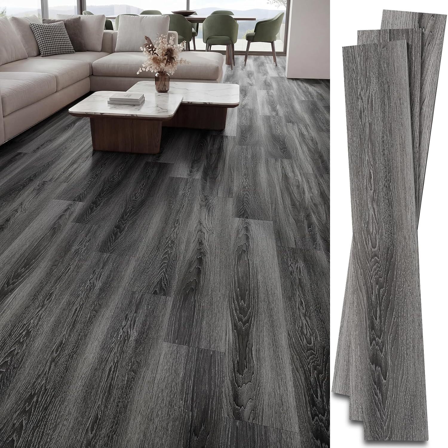 Peel and Stick Vinyl Flooring, INMOZATA 36-Pack 54 Sq.Ft Wood Grain Waterproof Rigid Core Self Adhesive Planks Floor Tiles for Living Room, Bathroom, Kitchen, Bedroom, Office, RV (Dark Gray)