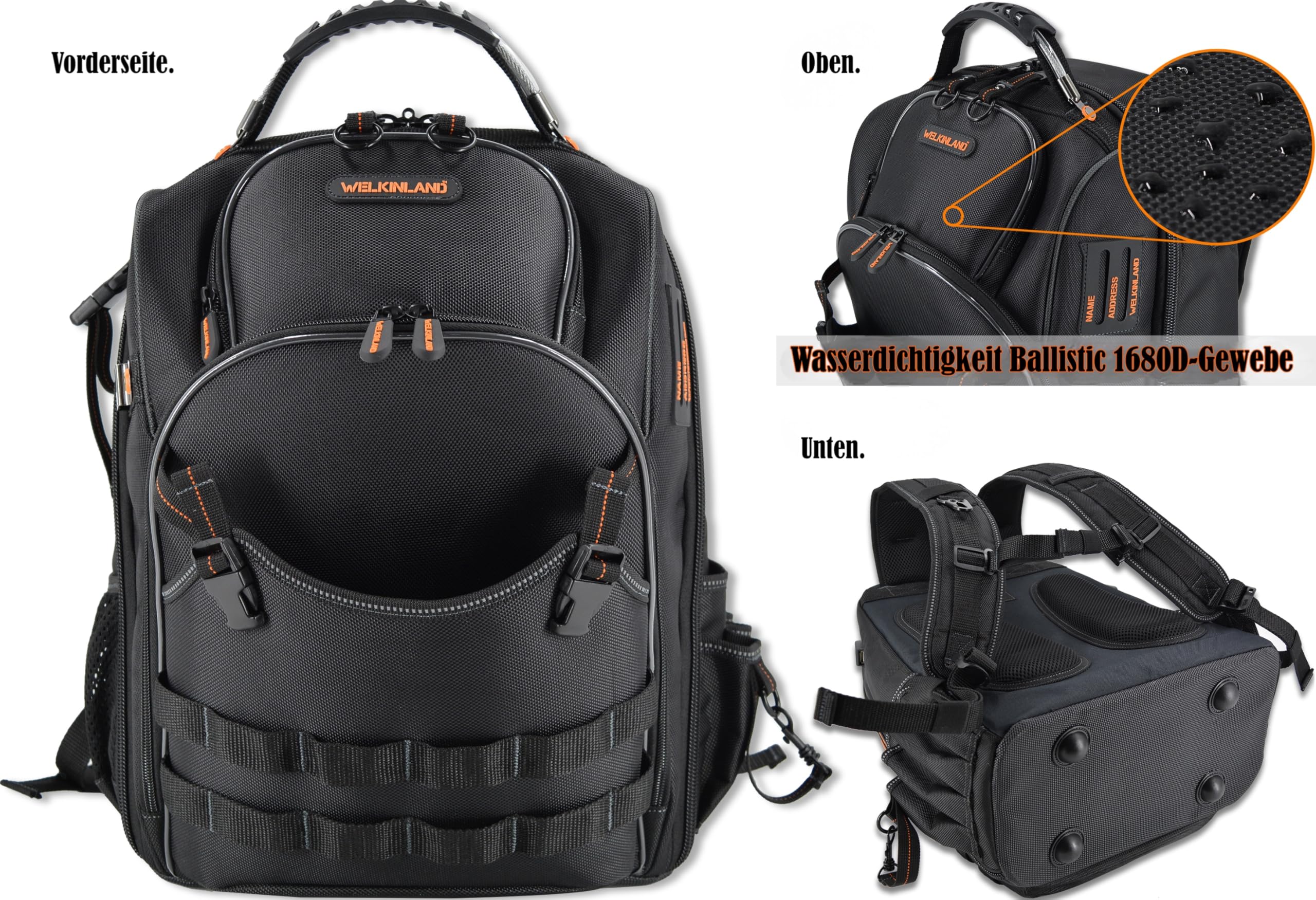 WELKINLAND Rucksack Mit 66 Taschen - Robuster Werkzeugrucksack für Elektriker, Baustellen und Herren