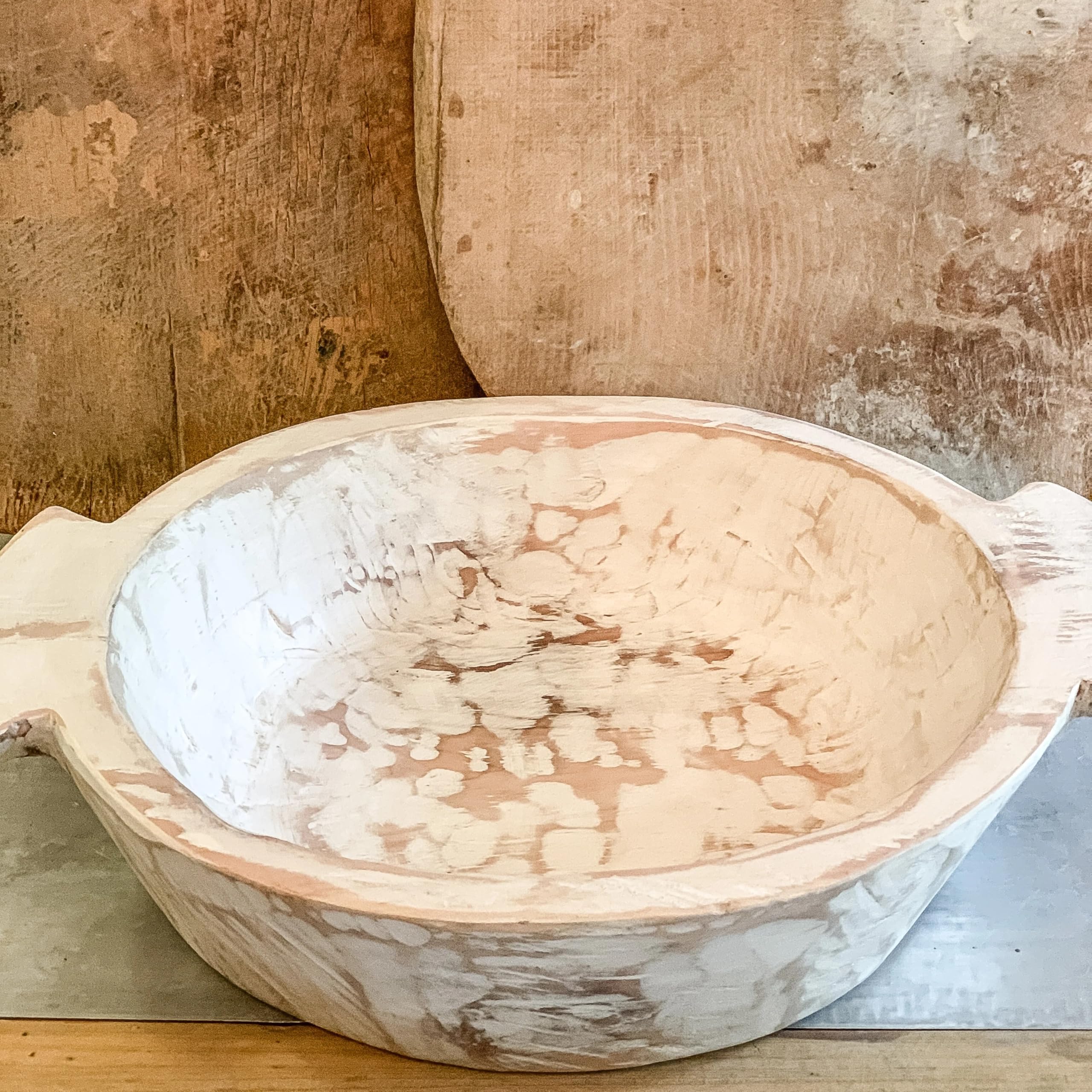 Antike Vintage wunderschön handgefertigte kreative große weiße Holz-Teigschale mit Griffen, Holz im alten indischen Stil, sieht absolut schön aus mit Ihrer Kücheneinstellung für Pommes Frites