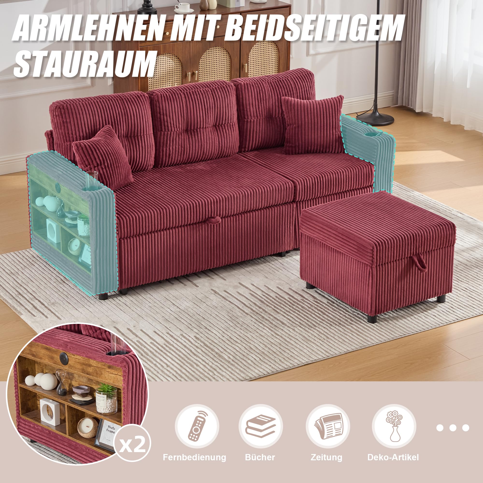 Modułowa sofa ze sztruksu, sofa do spania z wysuwaną funkcją spania i oświetleniem, składana sofa z poduszką na siedzisko i oparcie, kolor czerwonego wina