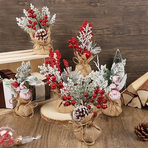 Miniatura 4 de winemana 6 piezas de mini decoración de mesa para árbol de Navidad, árboles artificiales pequeños de 9 pulgadas con bayas rojas y piña, centro de