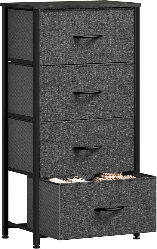 GOOBED Storage Tower with 4 Drawers - Fabric Dresser, Organizer Unit for Living Room, Closets - Sturdy Steel Frame, Easy Pull Fabric Bins & Wooden Top