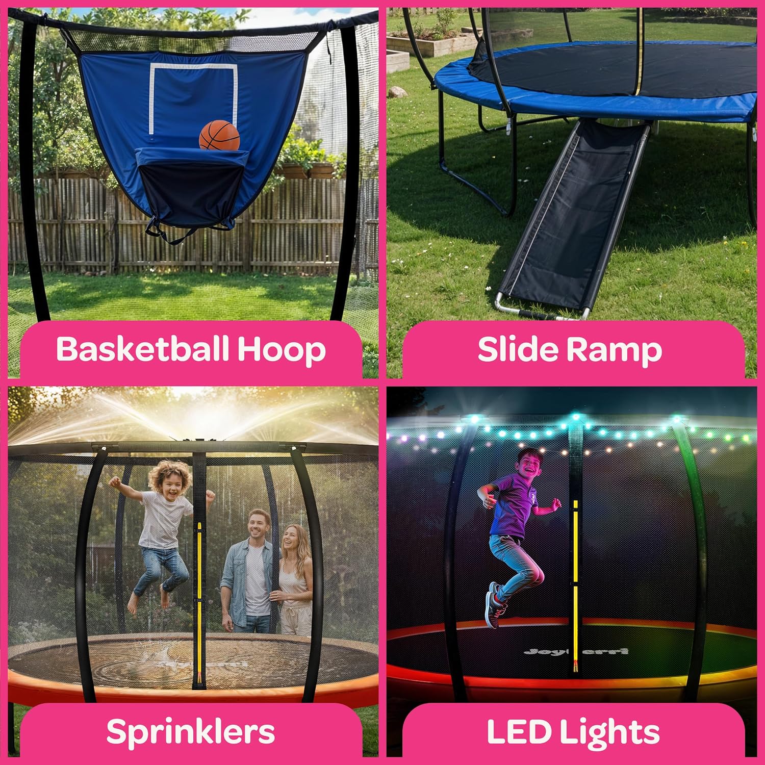JoyBerri Trampoline Outdoor - Upsurge ASTM Certified Safe 8Ft 10Ft 12Ft 14Ft 15Ft 16Ft Recreational Trampoline for Kids and Adults. Anti-Rust Coating with Enclosure Net, Ladder, Sprinkler & LED Lights