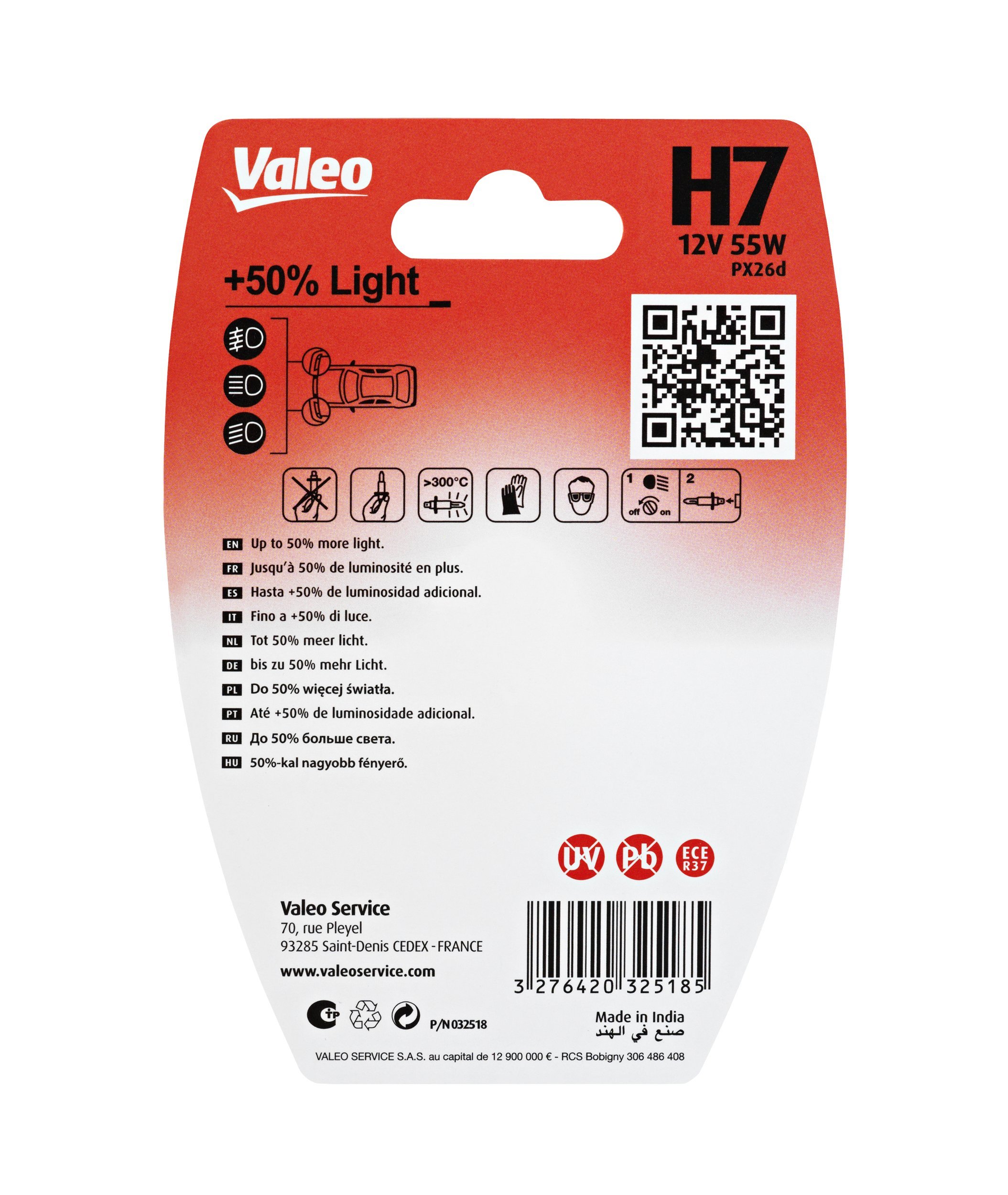 Valeo Żarówka Halogenowa + 50% Light 32518 H7 55W (X1) | Pasuje do: Abarth 500 / 595 / 695, 500C / 595C / 695C, Alfa Romeo 147, 156, 156 Sportwagon, 159, 159 Sportwagon, 166