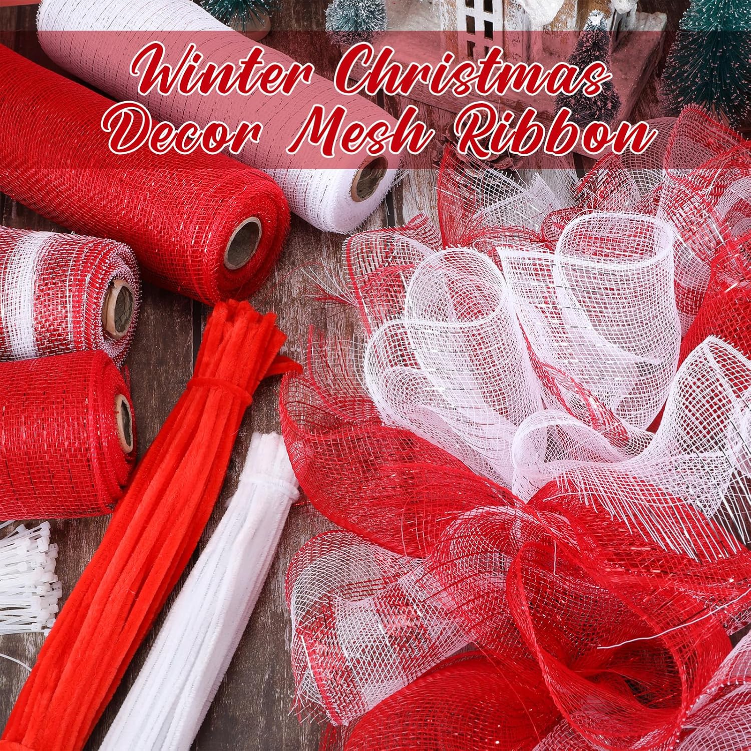 Funtery 4 Rolls 40 Yard Christmas Deco Mesh Decorative Mesh Ribbon Roll with Chenille Stem and Clear Zip Ties for Wedding Valentine Bouquet Wreath Xmas Tree Garland Swag Craft(Vibrant Colors)
