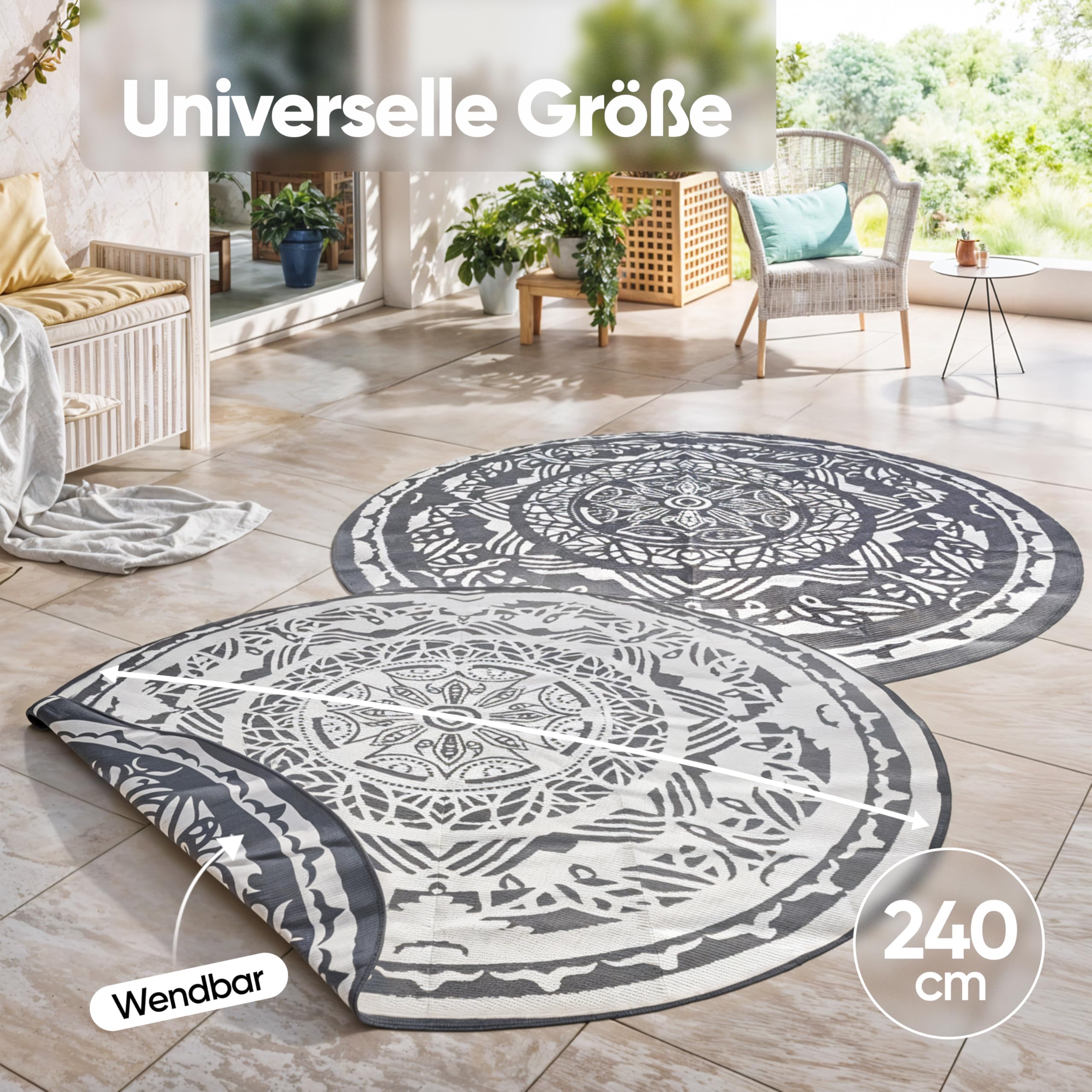 EVOCAMP Outdoor Teppich rund Ø 240 cm, Kunststoffteppich, wetterfest und leicht, Picknickdecke für den Outdoor-Bereich, Vorzeltteppich aus Kunststoff-Fasern, für Terrasse und Balkon (Grau-weiß)