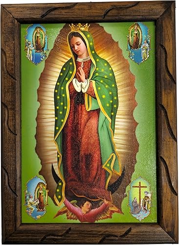 Miniatura 5 de Mrcjsales imagen de Nuestra Señora de Guadalupe con imágenes en la esquina en marco rústico, pintura al óleo, 24 x 36 pulgadas, 13 x 18 pulgadas, 10