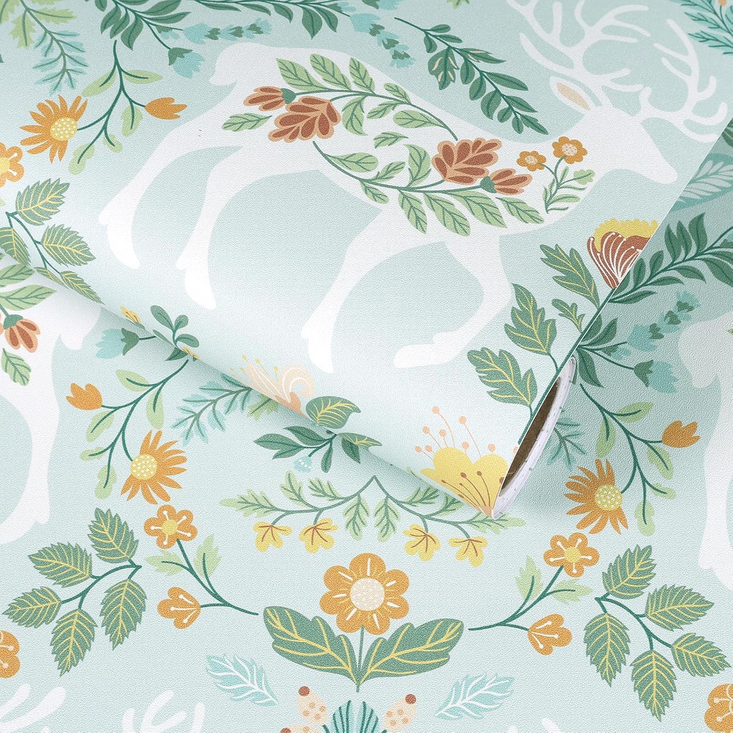 VaryStyle Vintage Deer Floral Peel and Stick Wallpaper Green Scandinavian Folk Animal Forest Wallpaper for Bathroom Waterproof Vinyl Removable Green Floral Contact Paper for Cabinets Drawer 17.7"x118"