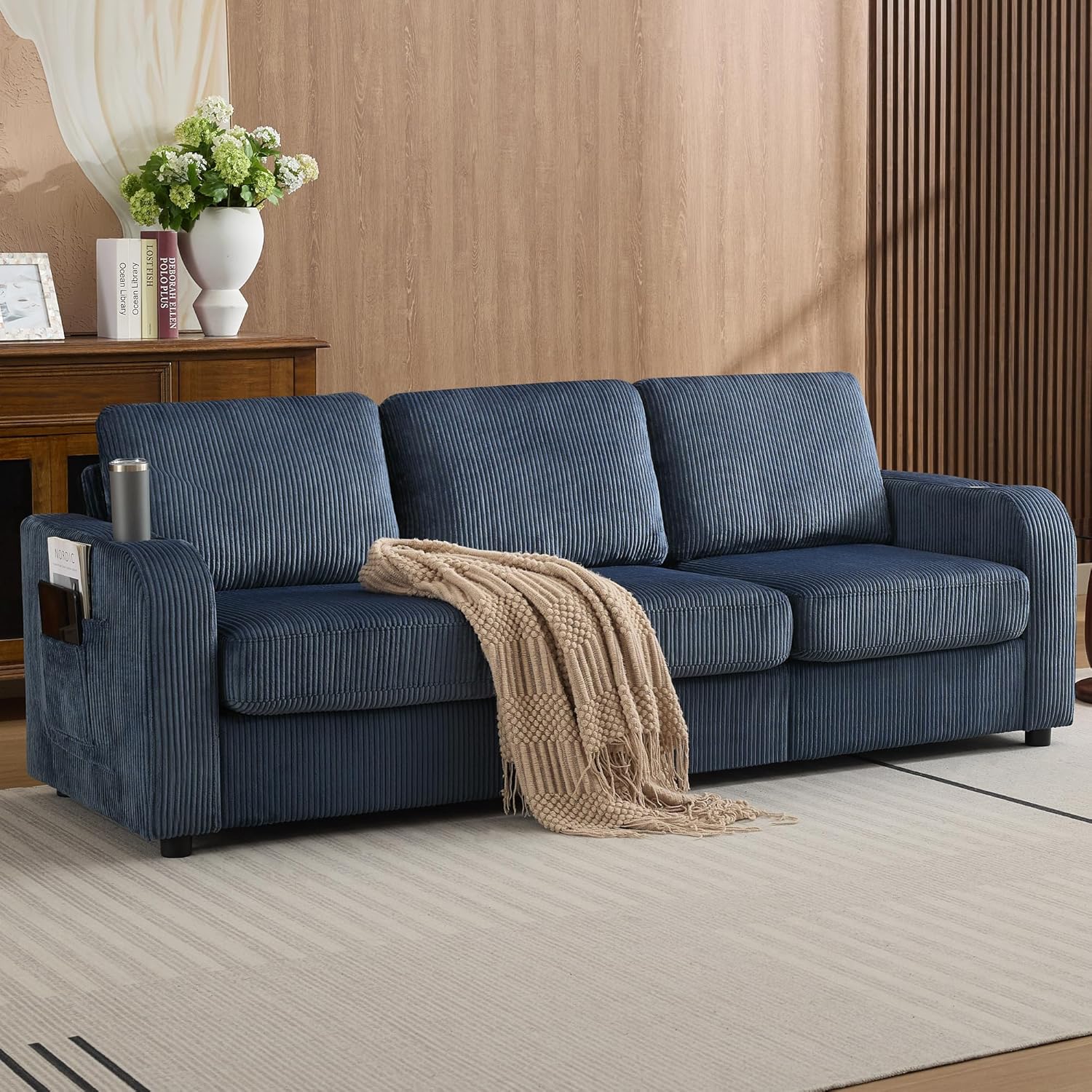 87.4" Oversized 3 Seater Couch, Upholstered Sofa for Living Room,Modern Deep Seat Comfy Loveseat Couches with Cup Holders,Corduroy Love Seat Sofa (Black)