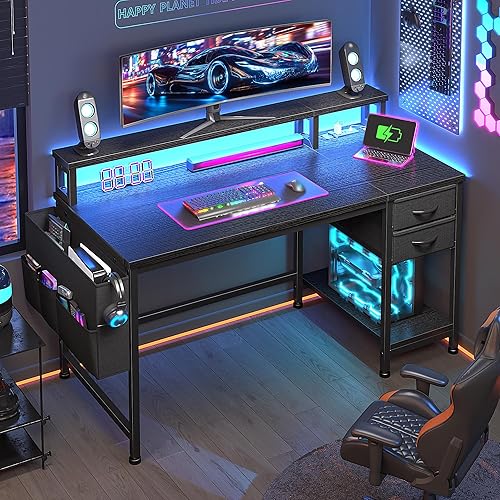 DurayLoly 40" Computer Desk with LED Strip, Gaming Desk with Drawers & Storage Bag, Office Desk with Power Outlets & Monitor Stand, Home Office Desks for Bedroom, Gaming Room, Black - Black - 40"W*20"D*35.5"H