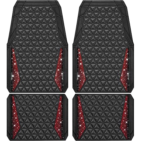 CAR PASS Bling Diamond Car Mats Rubber Floor Mats Full Set Anti-Slip 3D Rhombus Waterproof Trim to Fit Liner Universal Glitter Crystal Sparkly Shining Rhinestone Girl Women SUV Sedan Van, Black Red
