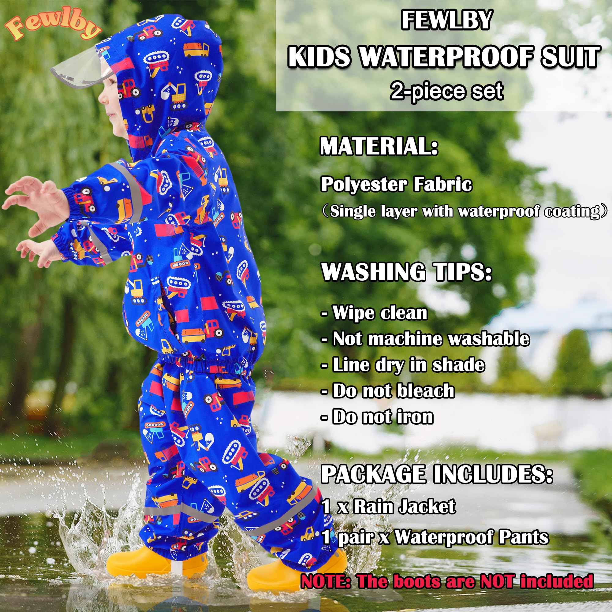 Fewlby Tuta Impermeabile Bambino, Giacca Antipioggia & Pantaloni Impermeabili 2 Pezzi Set, Tuta Pioggia Ragazze Ragazzi Impermeabile con cappuccio Pantaloni, 3-4 anni