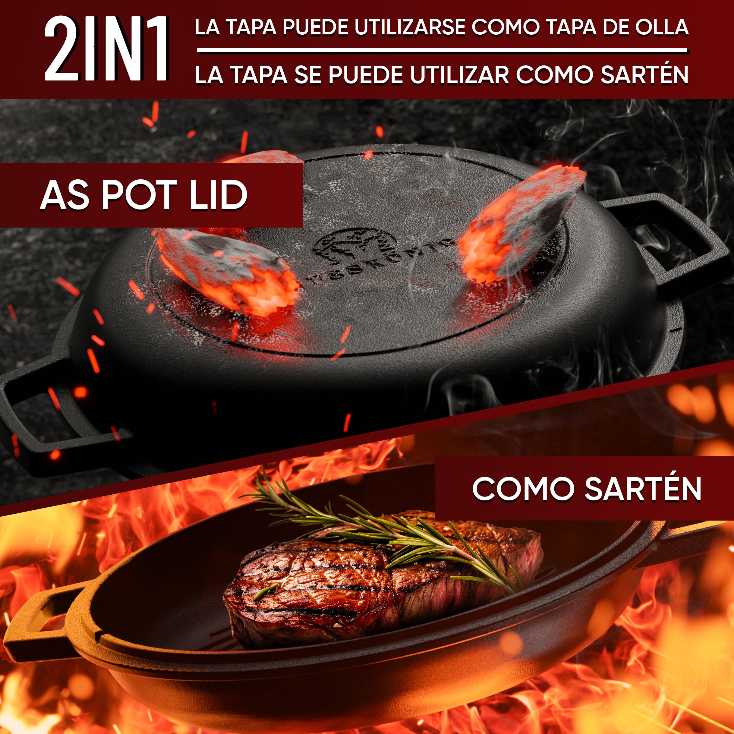 GUSSKÖNIG cocotte hierro fundido – Cocotte pre-curada de 4,8L y sartén de 1,8L. Set 2-en-1 con doble función para estofar, incluye recetario y accesorios para BBQ, camping y cocina
