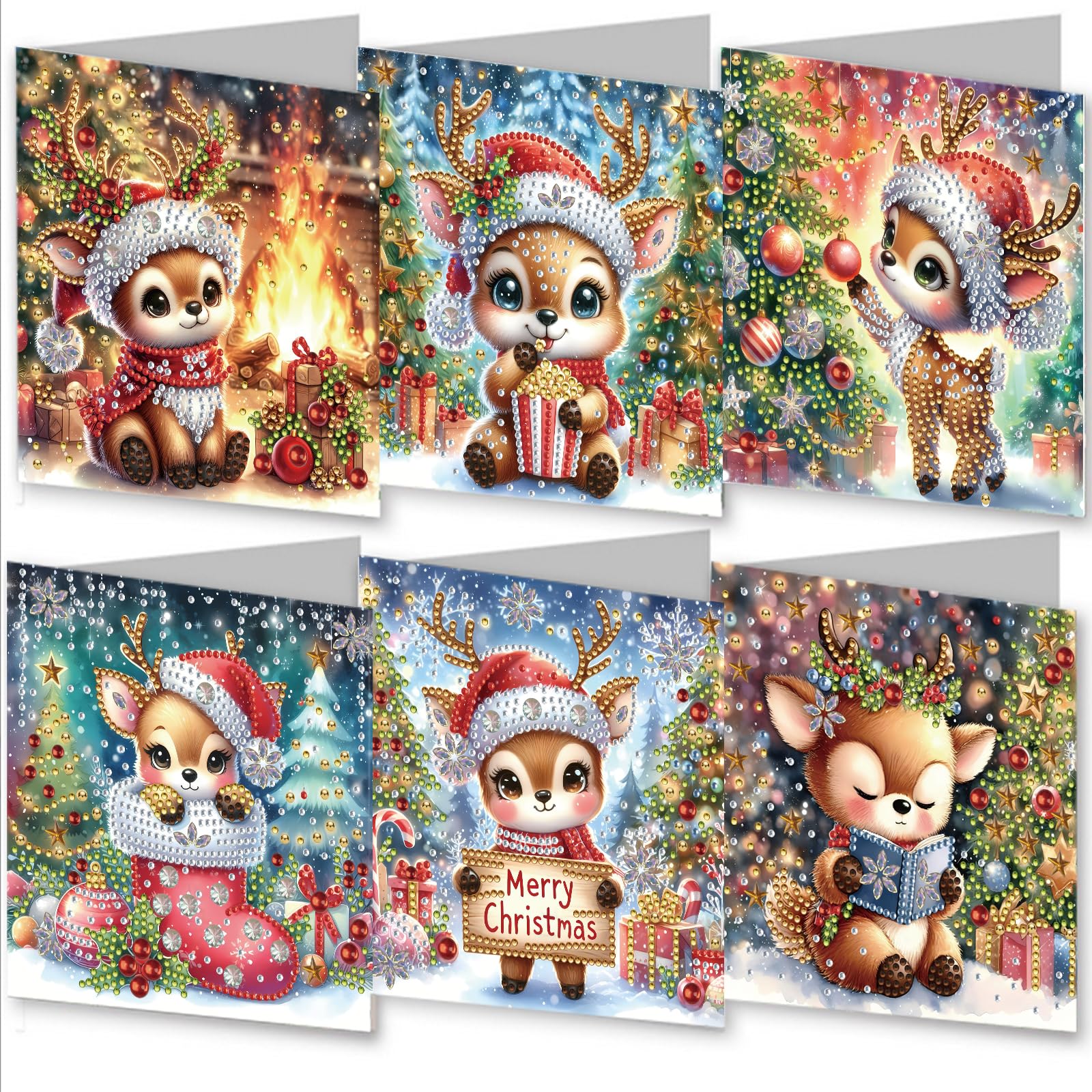 6PCS 5D DIY Diamond Painting Greeting Card Sets with Envelopes - Premium Handmade, Ideal for Birthdays, Holidays & Anniversaries,Christmas Joyful Fawns Gift Decorations Patterns (Amber)