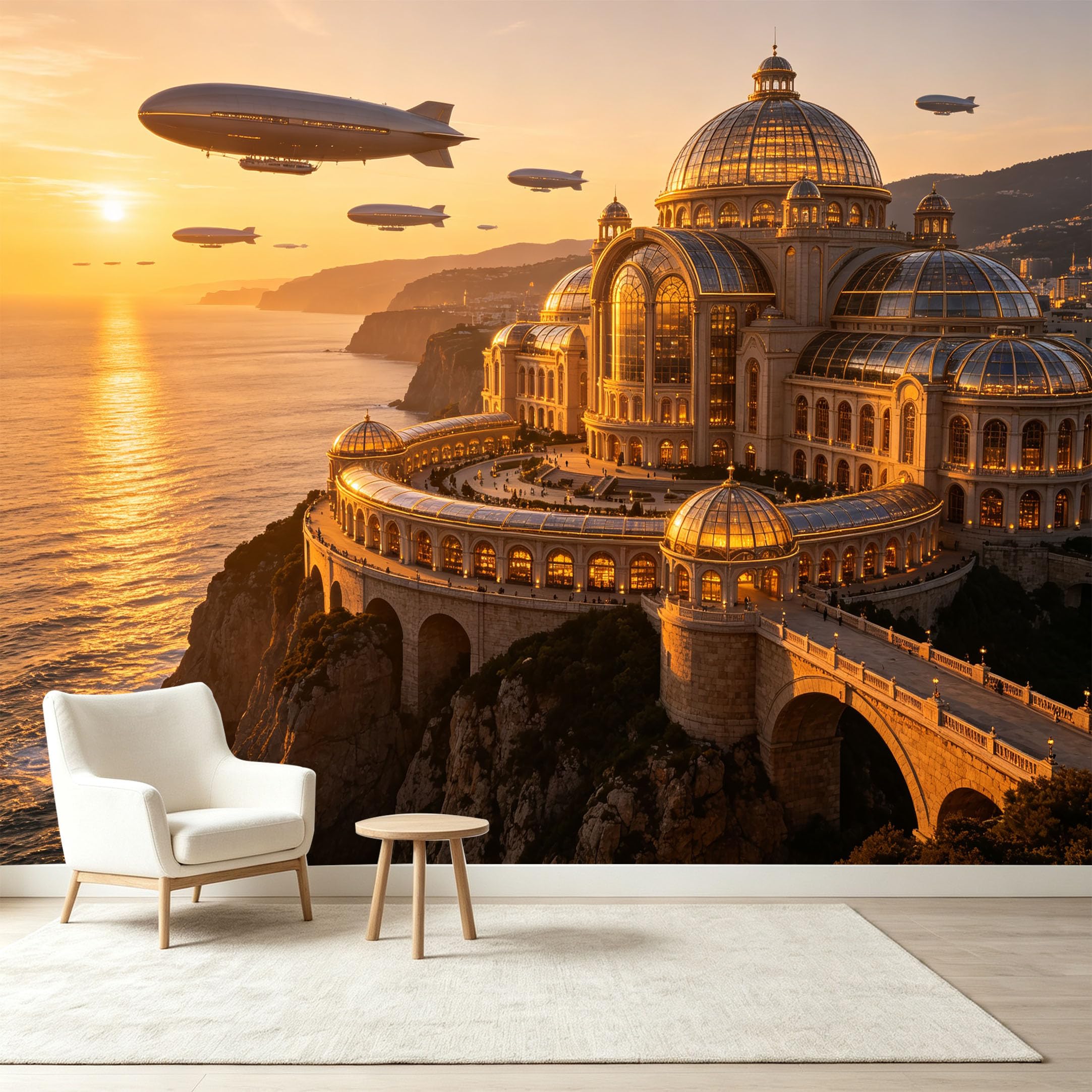 Custom Size Wall Murals Sunset Palace Coastal Airship Scenery 3D Trompe L'Oeil Self-Adhesive Wall Fabric Removable Wallpaper Wall Decor for Living Room Bedroom Bathroom