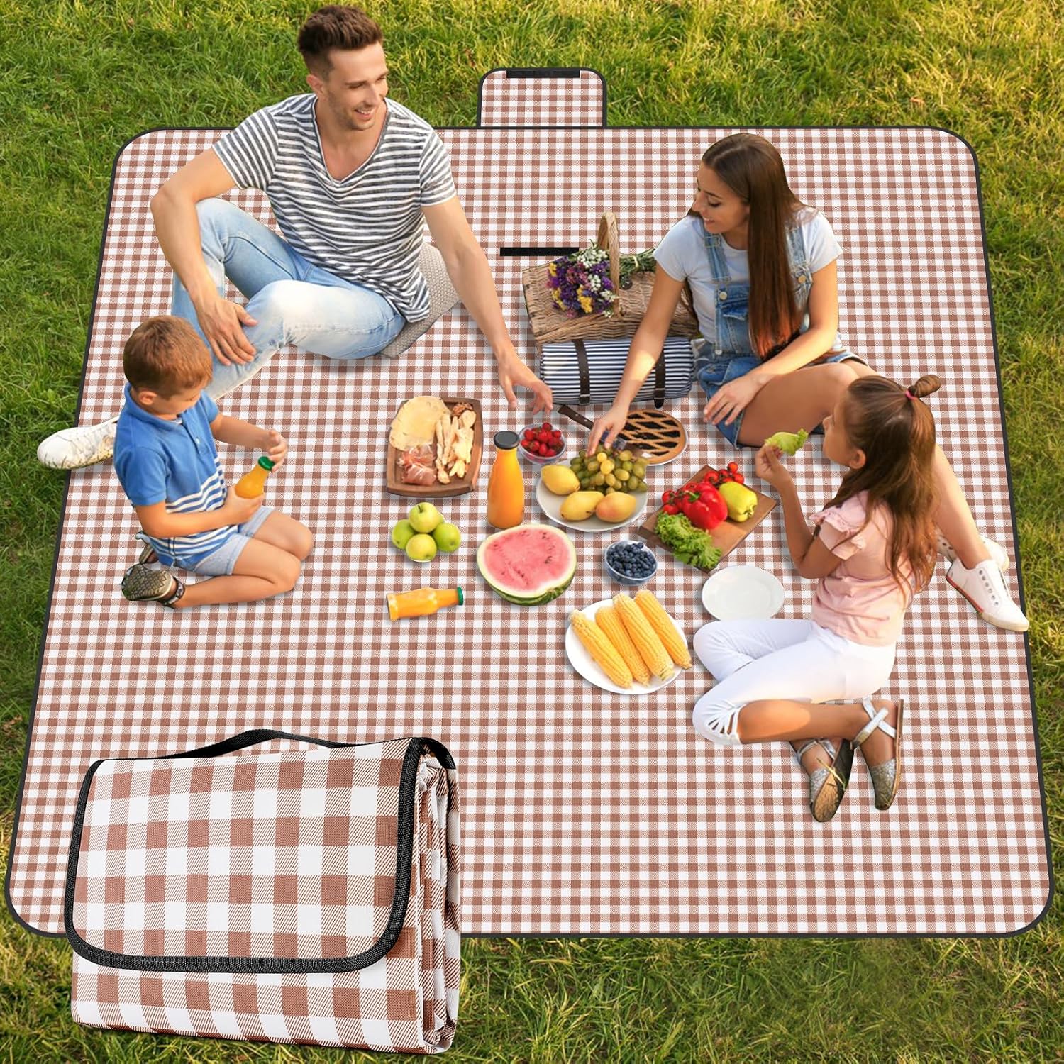 Picnic Blanket Waterproof Beach Rug 80”x80” Picnic Mat Washable Lightweight with Handle Coffee Checkered for Hiking Travelling Outdoor Camping,Parks