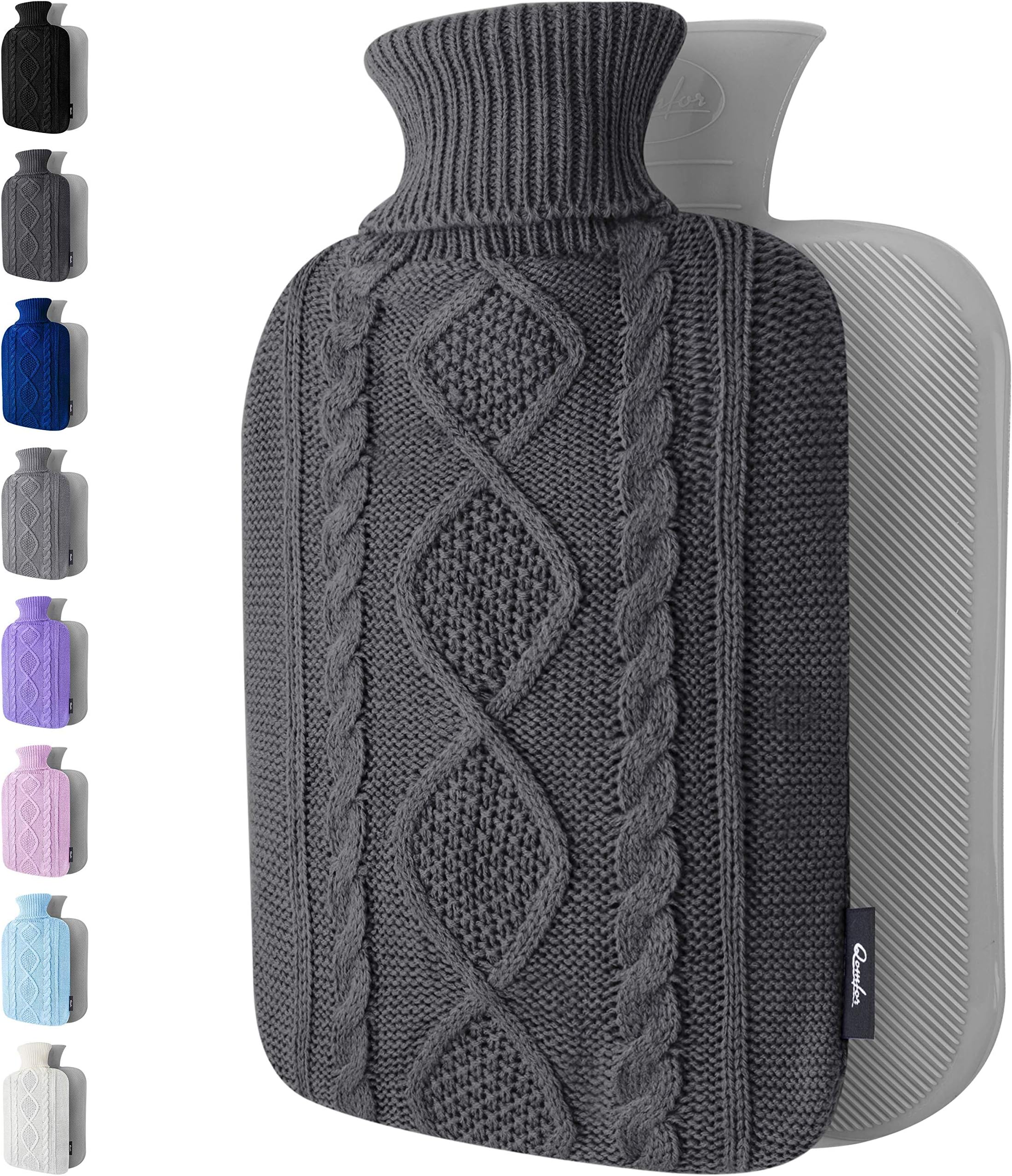 Qomfor Hot Water Bottle with Cover UK - Soft Premium Faux Fur, 1.8L Hot Water Bottle for Period Pain Relief, Back Pain & Shoulder Pain - Cozy Gifts for Women & Men - Luxury Comfort (Dark Grey)